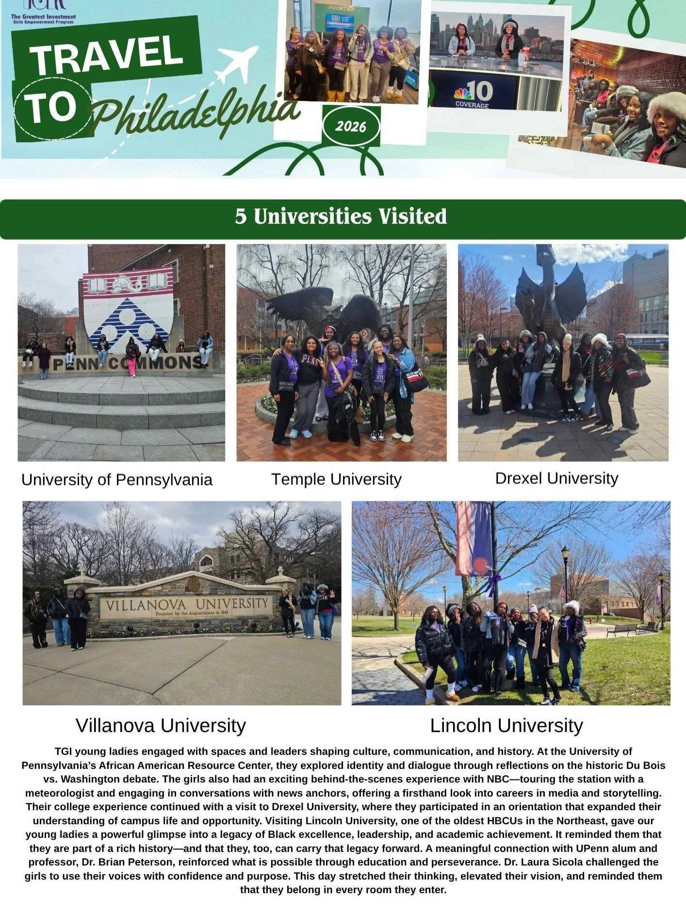 TGI Travels to Philadelphia Recap✨

Take a look at all we did during our amazing and educational trip to Philadelphia! We would love to thank our amazing sponsors for all their help in making this come together for our girls. Your contributions have 