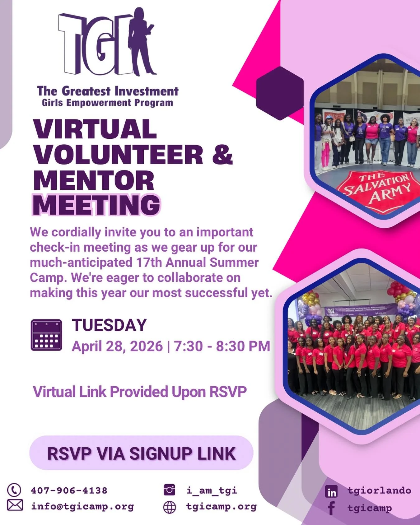 ✨ Calling all TGI Volunteers &amp; Mentors! ✨

We&rsquo;re gathering on Tuesday, April 28 at 7:30 p.m. for our virtual training meeting as we prepare for an empowering summer with our young ladies. Your leadership, heart, and commitment make all the 