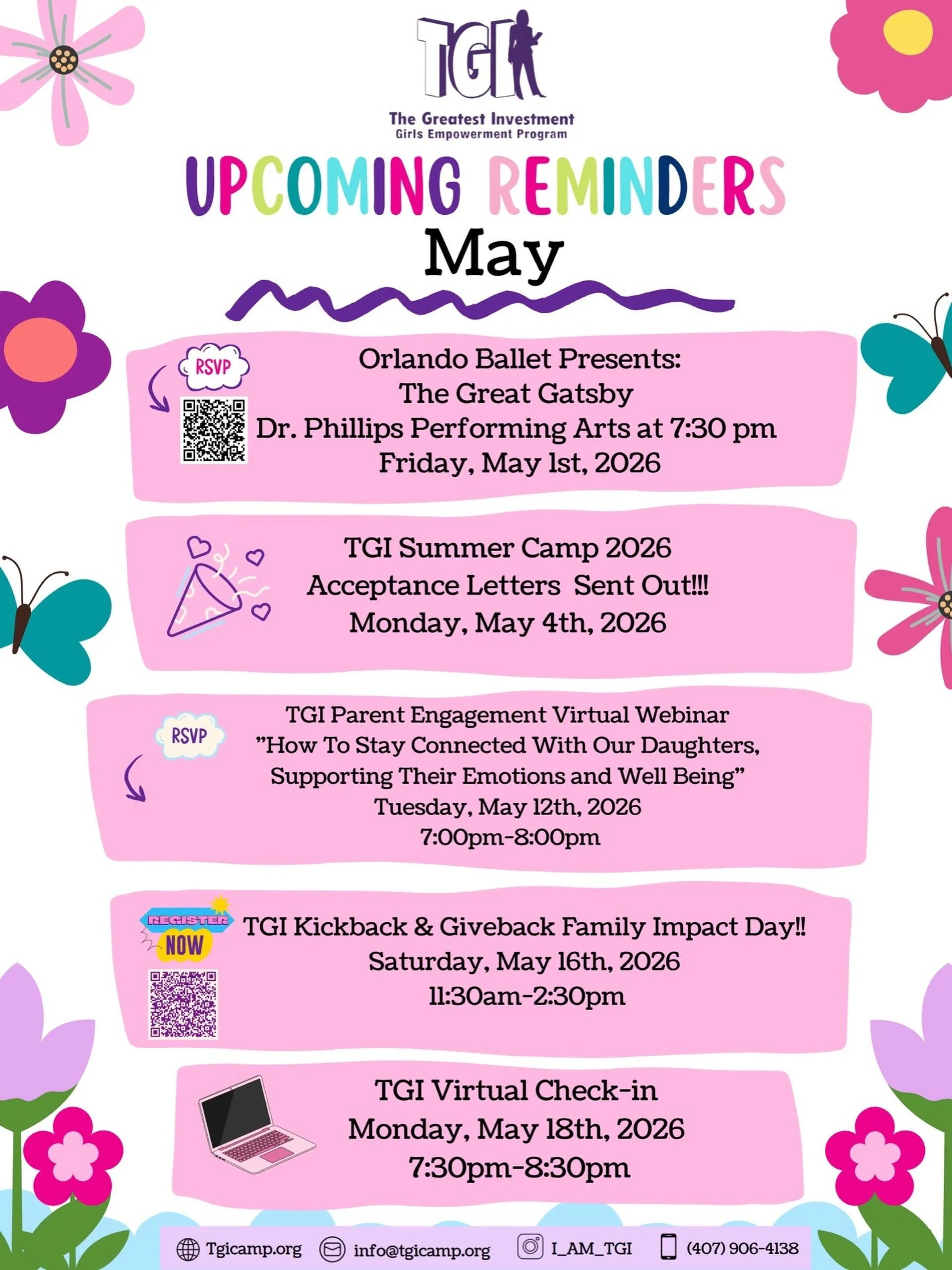 A new month is approaching, and so are new opportunities for our young ladies to grow and shine. Mark your calendars for TGI&rsquo;s May Events ⭐️

We can&rsquo;t wait to see you there.💕💜 
#iamtgi #youthempowerment