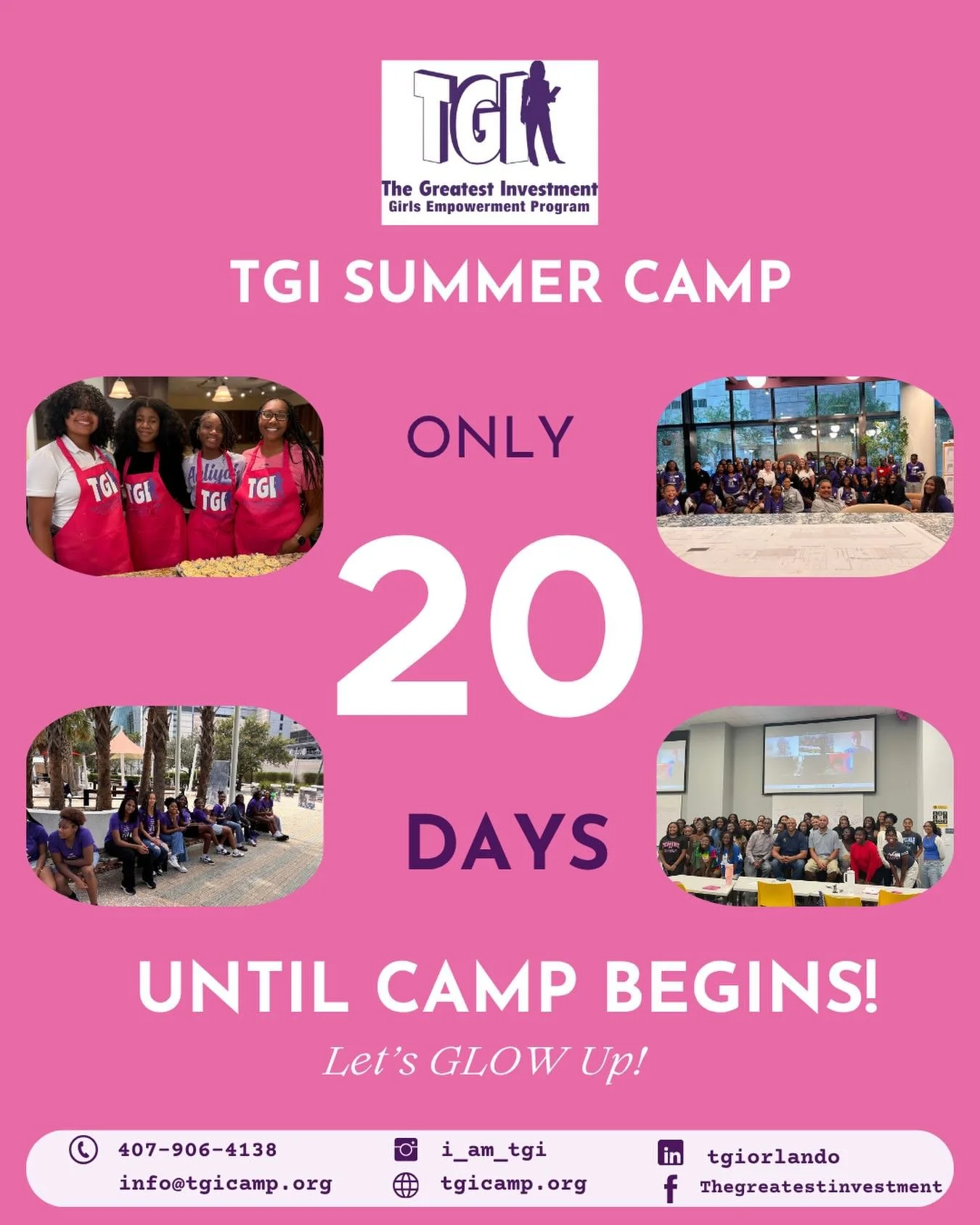 ✨Only 20 Days til The Greatest Investment Summer Camp Begins!✨
Prepare for 4 weeks of empowerment, leadership, and mentorship! 

Do you want to be apart of our TGI village this summer? Email us at info@tgicamp.org or admin@tgicamp.org to get more inf