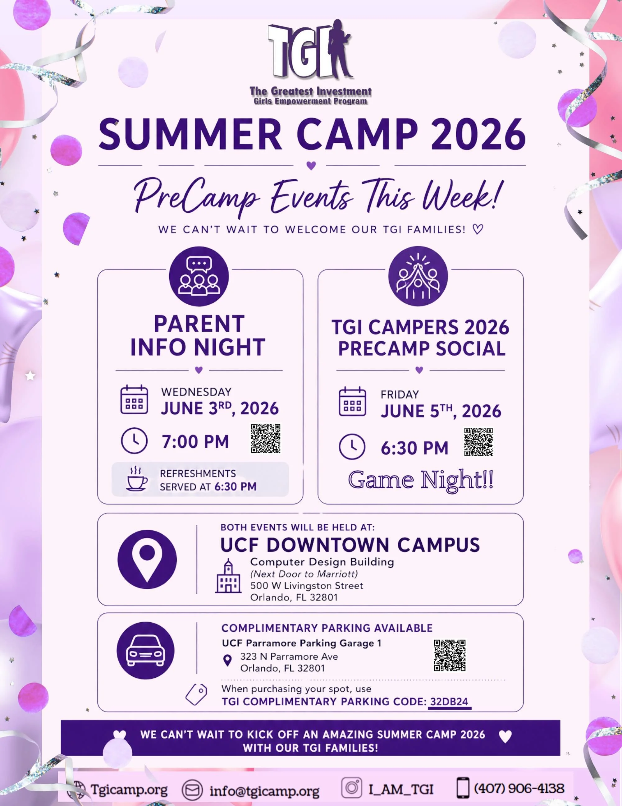 Join our TGI Family this week for some Pre-Camp events! ✨ A great way to get connected before all the camp fun begins 💕💜

#TGISummer2026 #TheGreatestInvestment