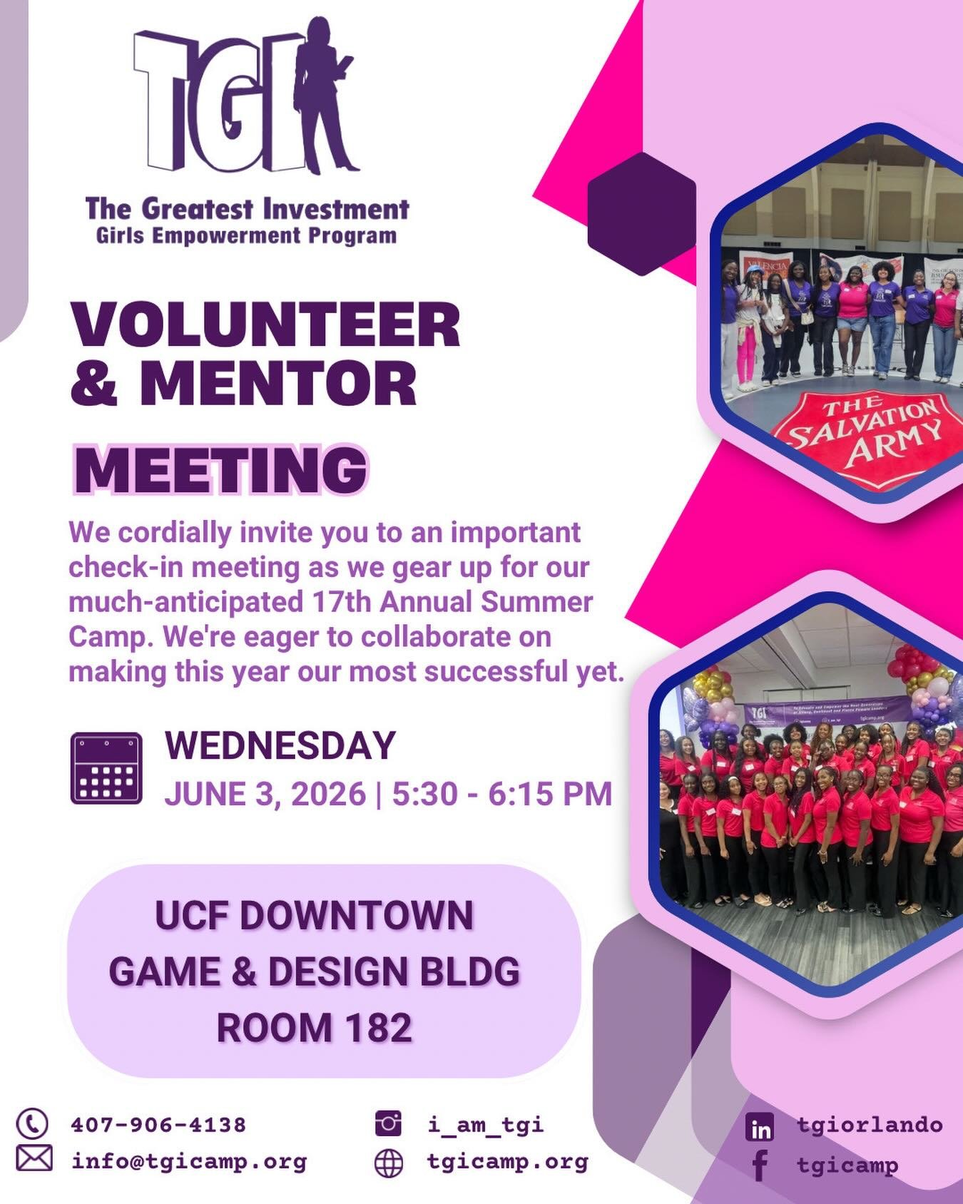 Interested in getting involved in our community and making an impact on the lives of youth? Join TGI tonight for our Volunteer and Mentor meeting!💜💕

#thegreatestinvestment #TGISUMMER2026