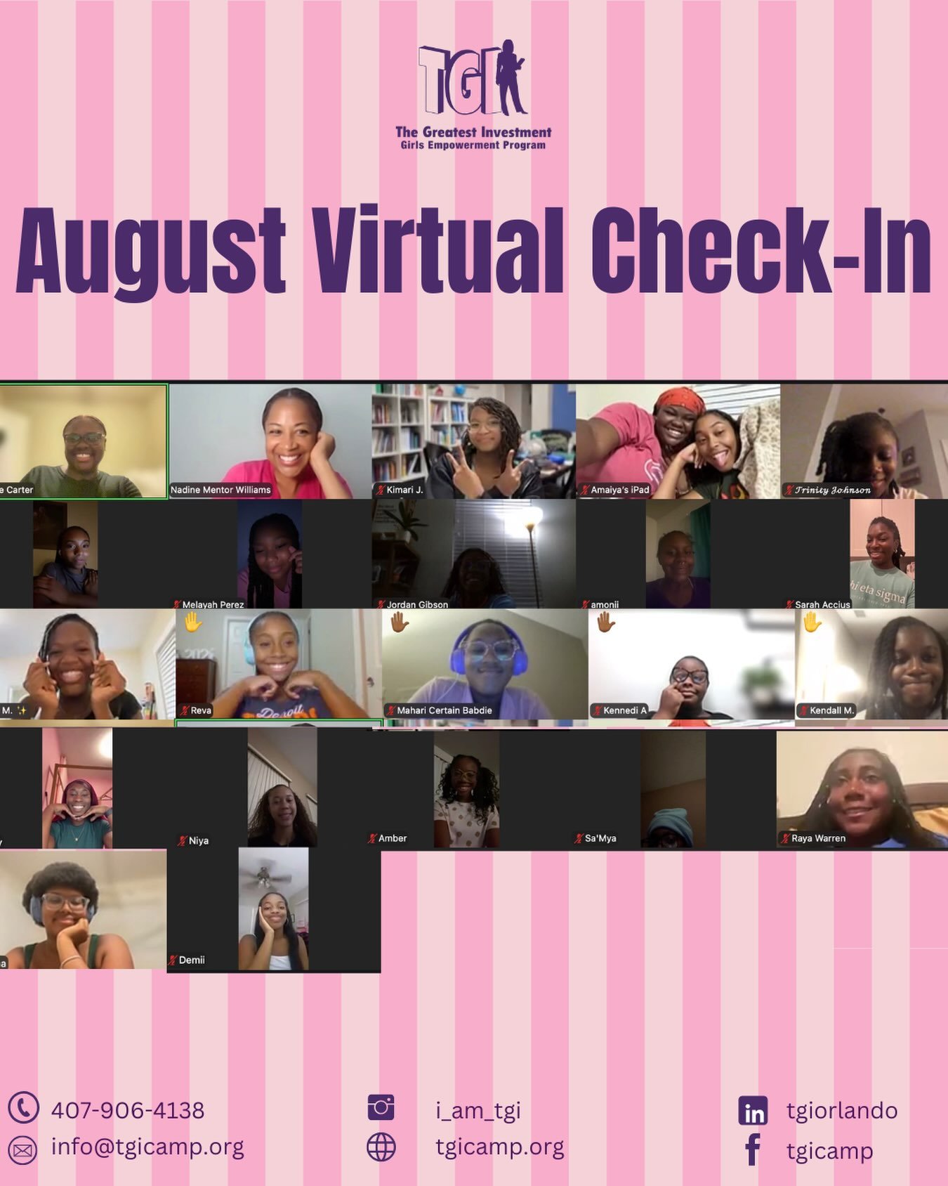 Our virtual check-ins are all about staying connected, celebrating one another, and continuing to build our TGI sisterhood! 💕 Last night, we: 
🎂 Celebrated our August &amp; September birthdays 🌟 Recognized Young Leaders for their recent accomplish
