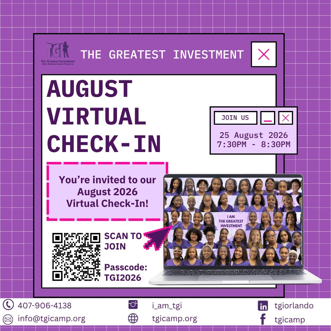 TGI Young Leaders, it&rsquo;s time to check in! 

Join us for our August Virtual Check-In as we reconnect, catch up, and have some fun! ✨

📅 Tuesday, August 25, 2026
⏰ 7:30 PM &ndash; 8:30 PM
💻 Virtual via Zoom

Scan the QR code on the flyer to joi