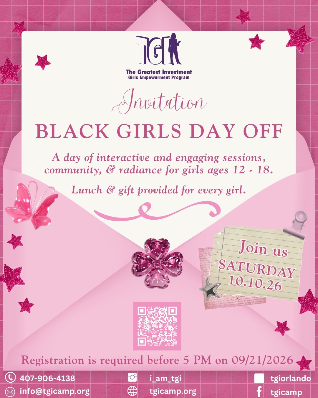 🚨 Time is running out to register! 🚨

TGI young leaders, don&rsquo;t miss Black Girls Day Off! 💗 Join us Saturday, October 10 for interactive and engaging sessions, sisterhood, and fun!

Plus, lunch &amp; a gift will be provided for every girl. 🎁