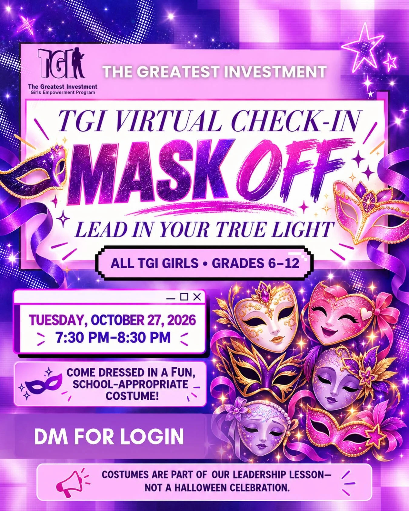 📣 TGI Young Leaders! 

It&rsquo;s time for our October Virtual Check-In!  Join us for an evening to connect, unwind, and spend time with your TGI sisters. Take a break from your busy week and make some time for YOU! 

📅 Tuesday, October 27, 2026 ⏰ 