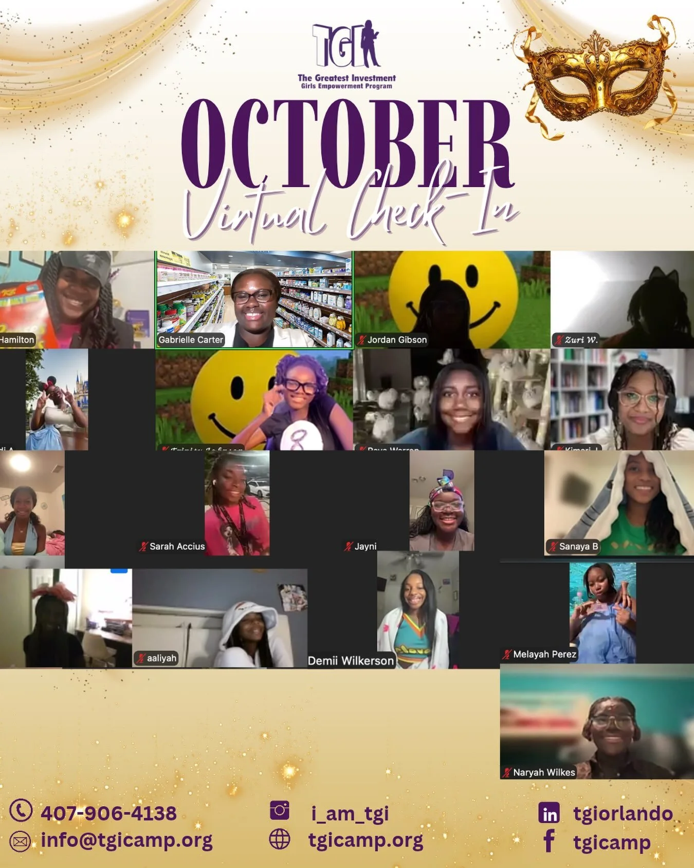 Last night, our TGI ladies gathered for our October Virtual Check-In: MASK OFF - Lead in Your True Light! 

We used our creative DIY costumes as a powerful metaphor to explore the invisible masks emerging leaders sometimes wear, how they dim our shin