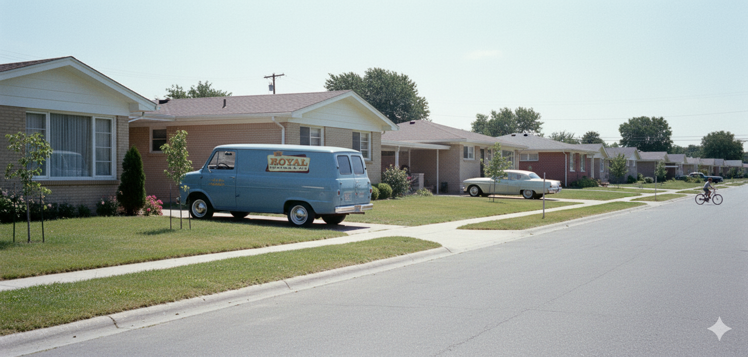 A suburban street with single-story houses, neatly kept lawns, and a sidewalk. There is a blue delivery van with a "Royal" sign parked in front of one house, and a person riding a bicycle on the street.
