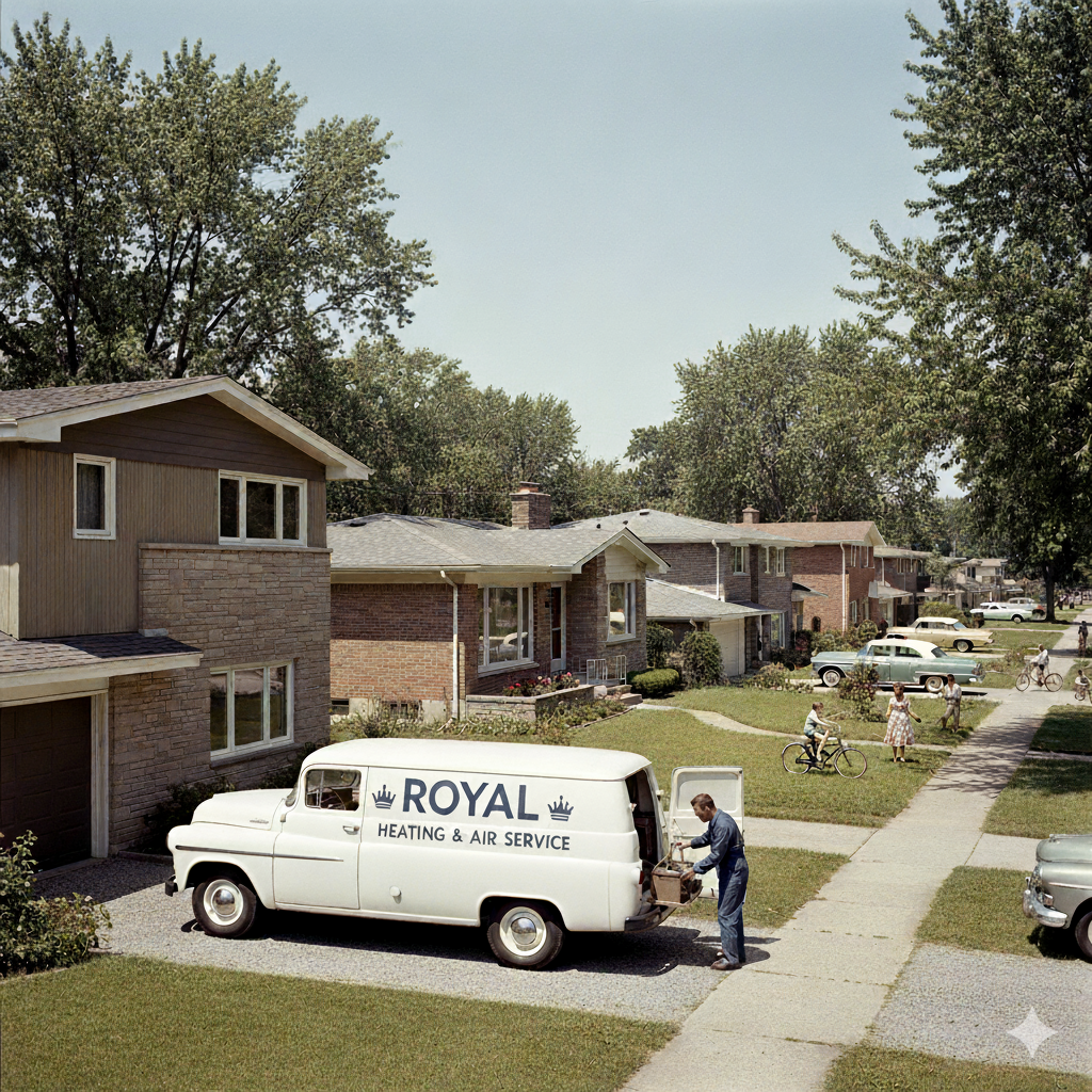 A suburban neighborhood with houses, children playing and riding bikes, a Royal Heating & Air Service van, and a man working on the van's open trunk.