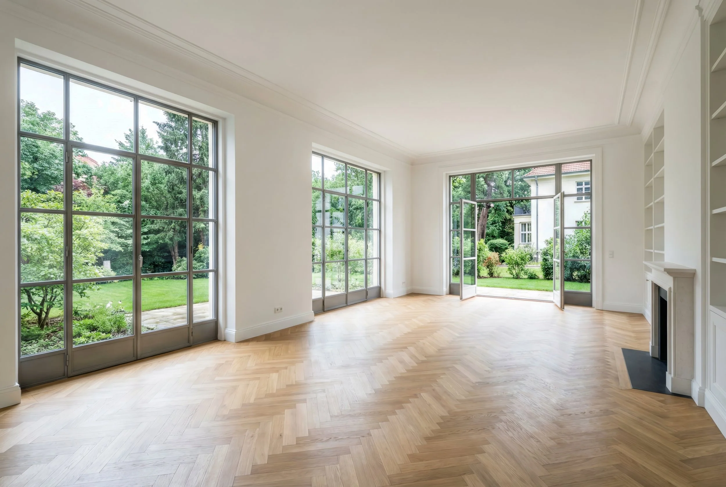 Helles, leerstehendes Wohnzimmer mit großen Fenstern und Blick ins grüne Garten, Holzboden, Kamin, weiße Wände.