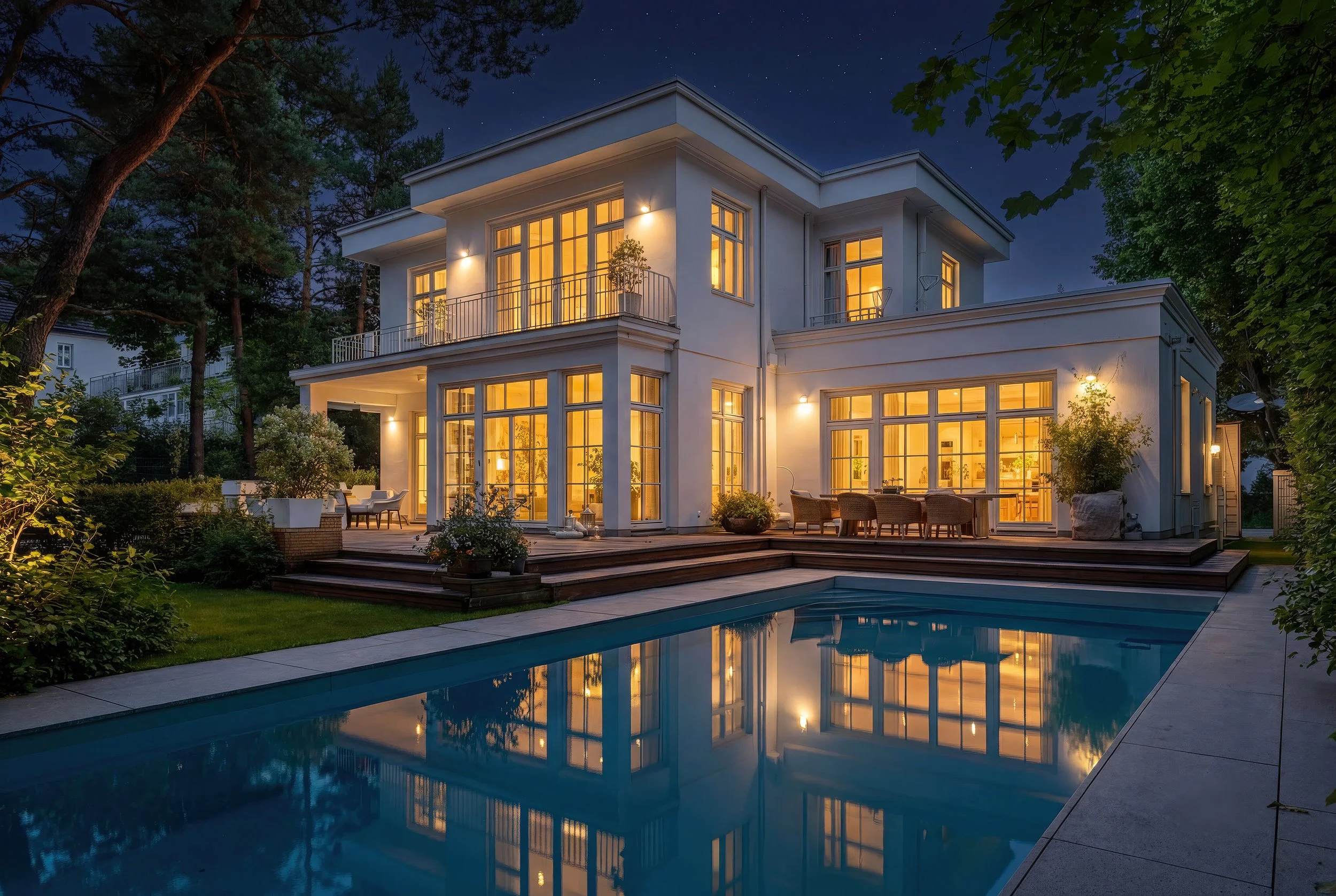 Ein modern hell erleuchtetes Haus mit großen Fenstern und Terrasse, umgeben von Bäumen, mit einem Swimmingpool im Vordergrund bei Nacht.