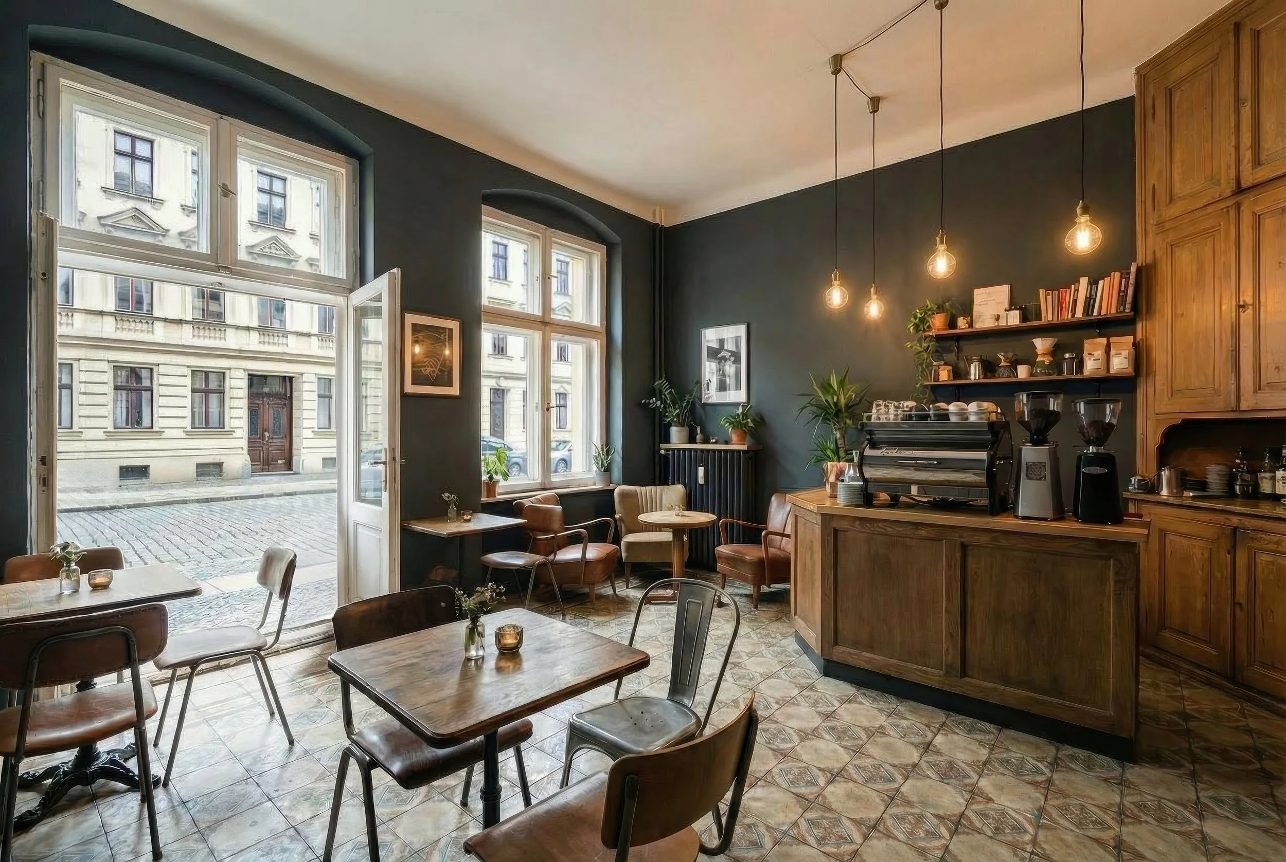 Gemütliches Café mit Holztresen, Tischen und Stühlen, großen Fenstern, Pflanzen und warmem Licht.