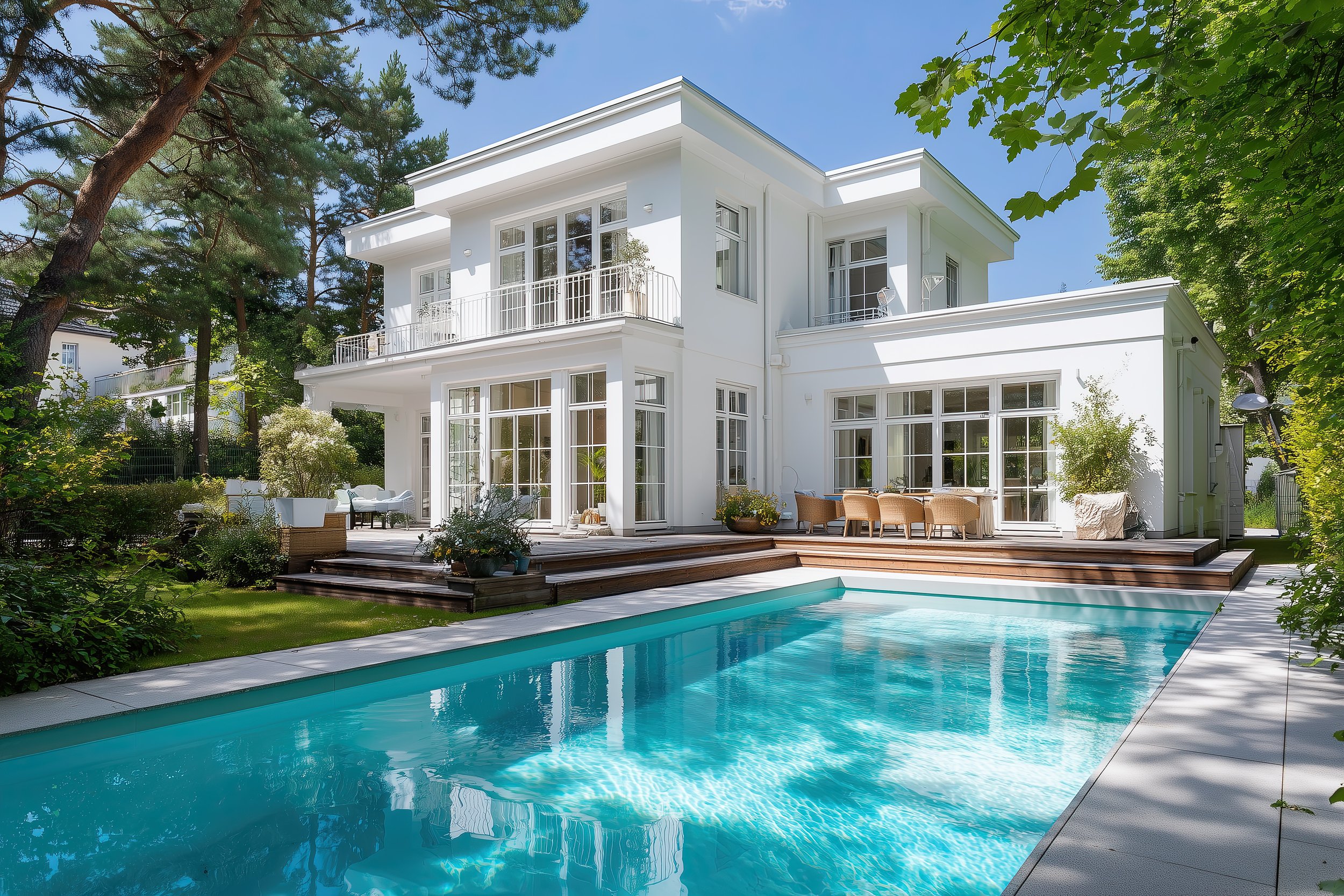 Ein modernes weißes Haus mit großen Fenstern und Balkon, umgeben von Bäumen und Garten, mit einem Swimmingpool im Vordergrund und einer Terrasse mit Gartenmöbeln.