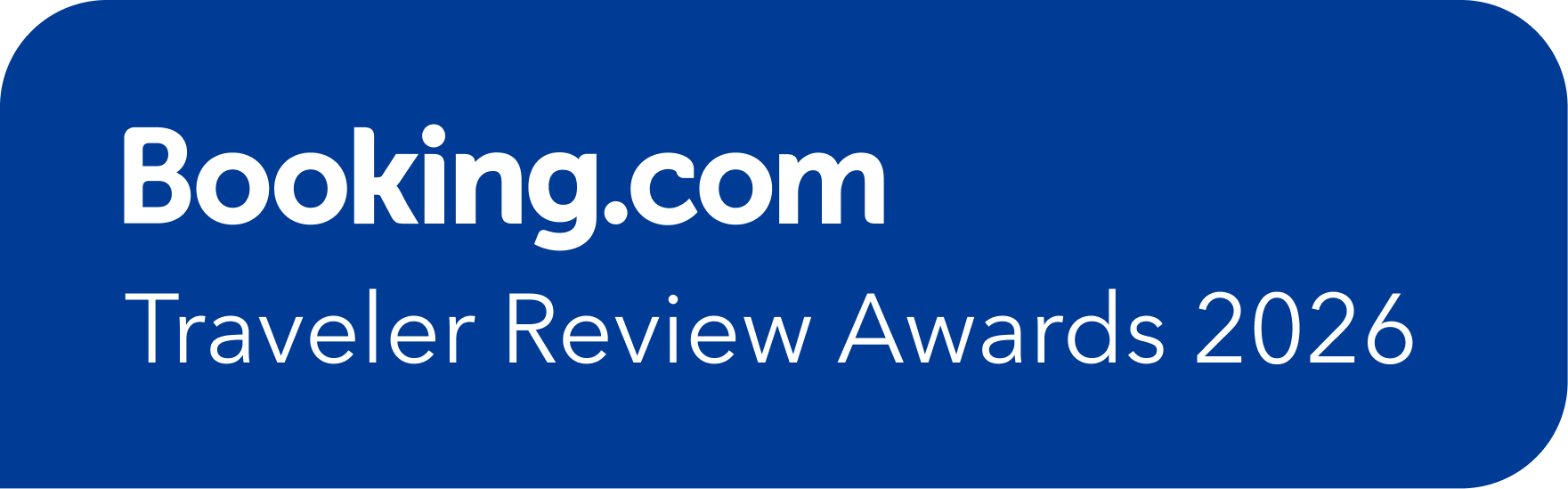 Booking.com Traveler Review Awards 2026 logo on a blue background.