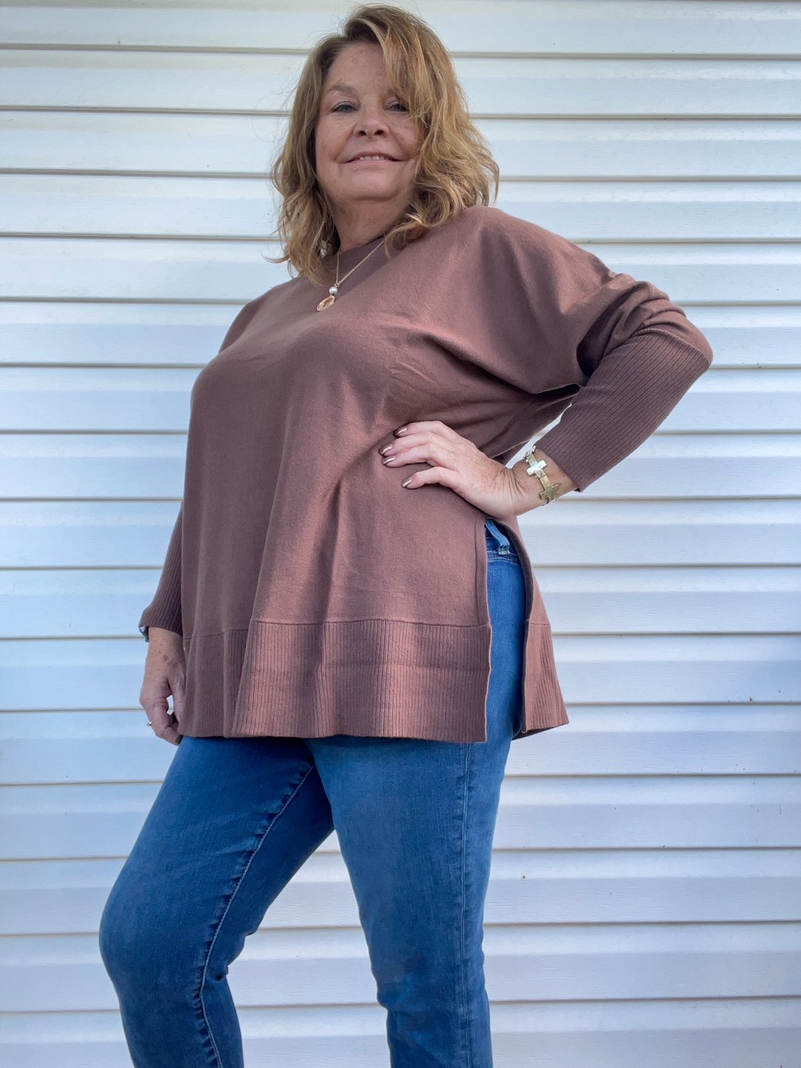 Brown Long Sleeve Slit Top