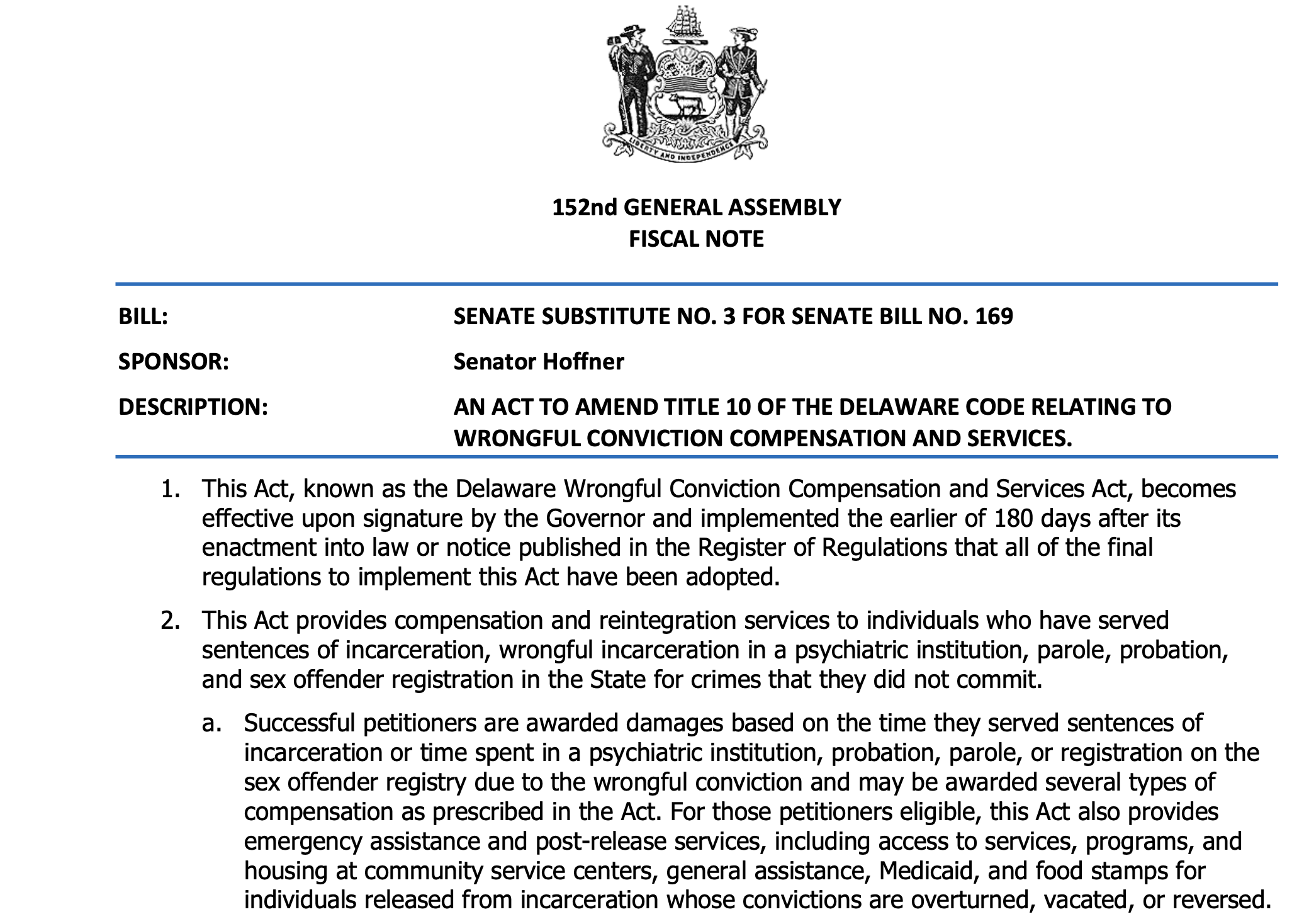 SB169: An Act to Amend Title 10 of the Delaware Code Relating to Wrongful Conviction Compensation and Services