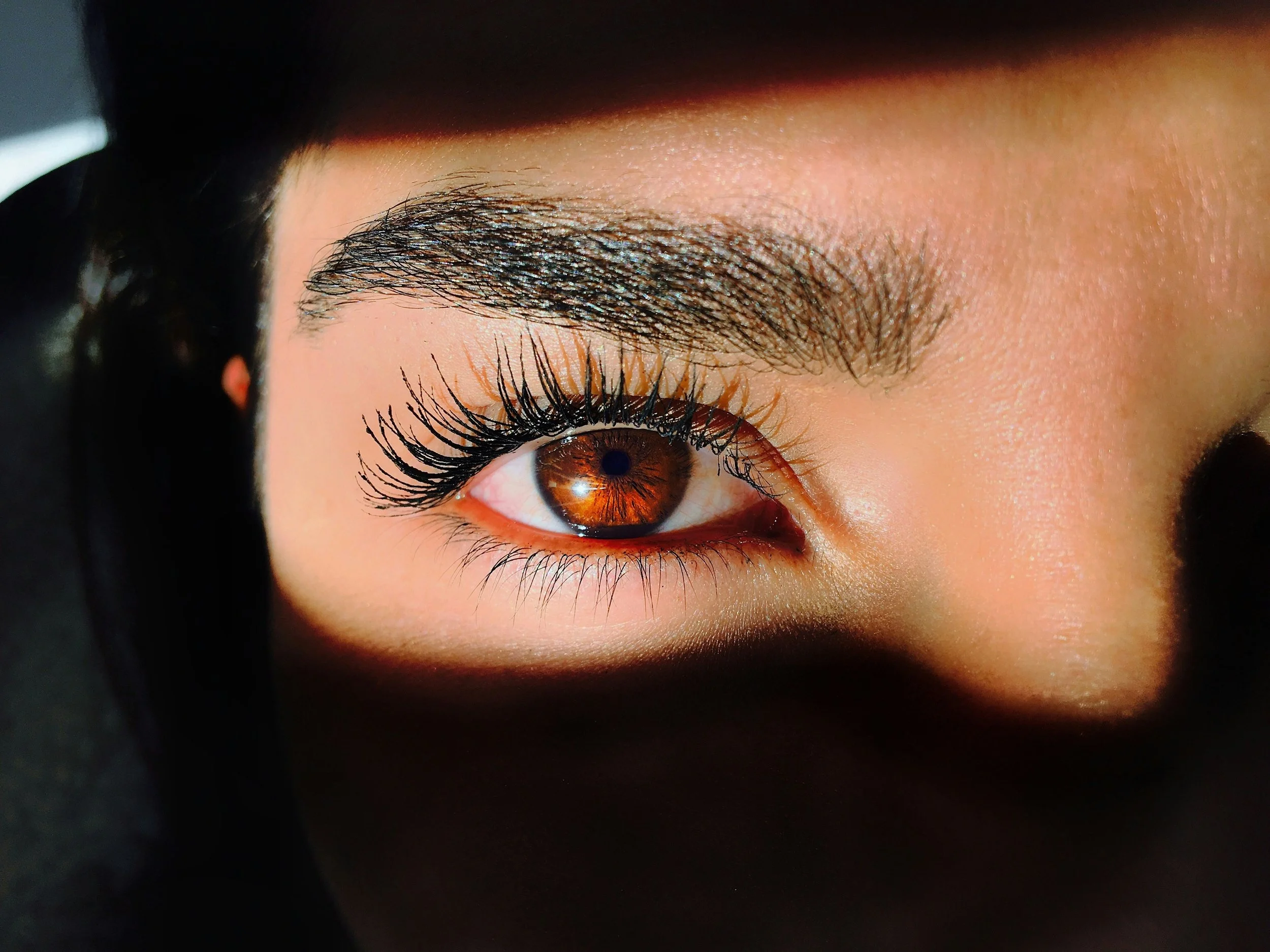 Close-up of a brown human eye with long eyelashes and a thick eyebrow, partially in shadow.