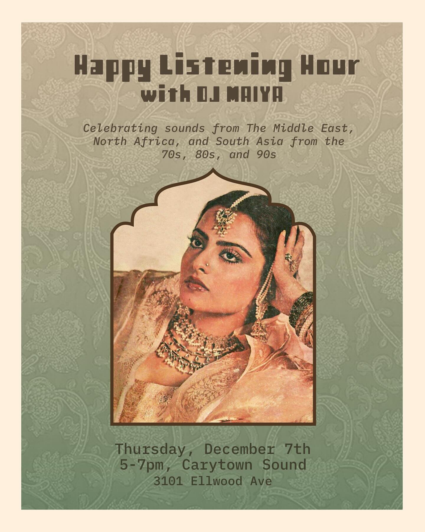 Tomorrow night! Join us for another happy listening hour, this time hosted by Dj Maiya! We&rsquo;ll be enjoying some retro sounds of the Middle East and more. Refreshments will be available as well 🍸 
#hifi #happyhour #listeningroom #djmaya #yodj #d