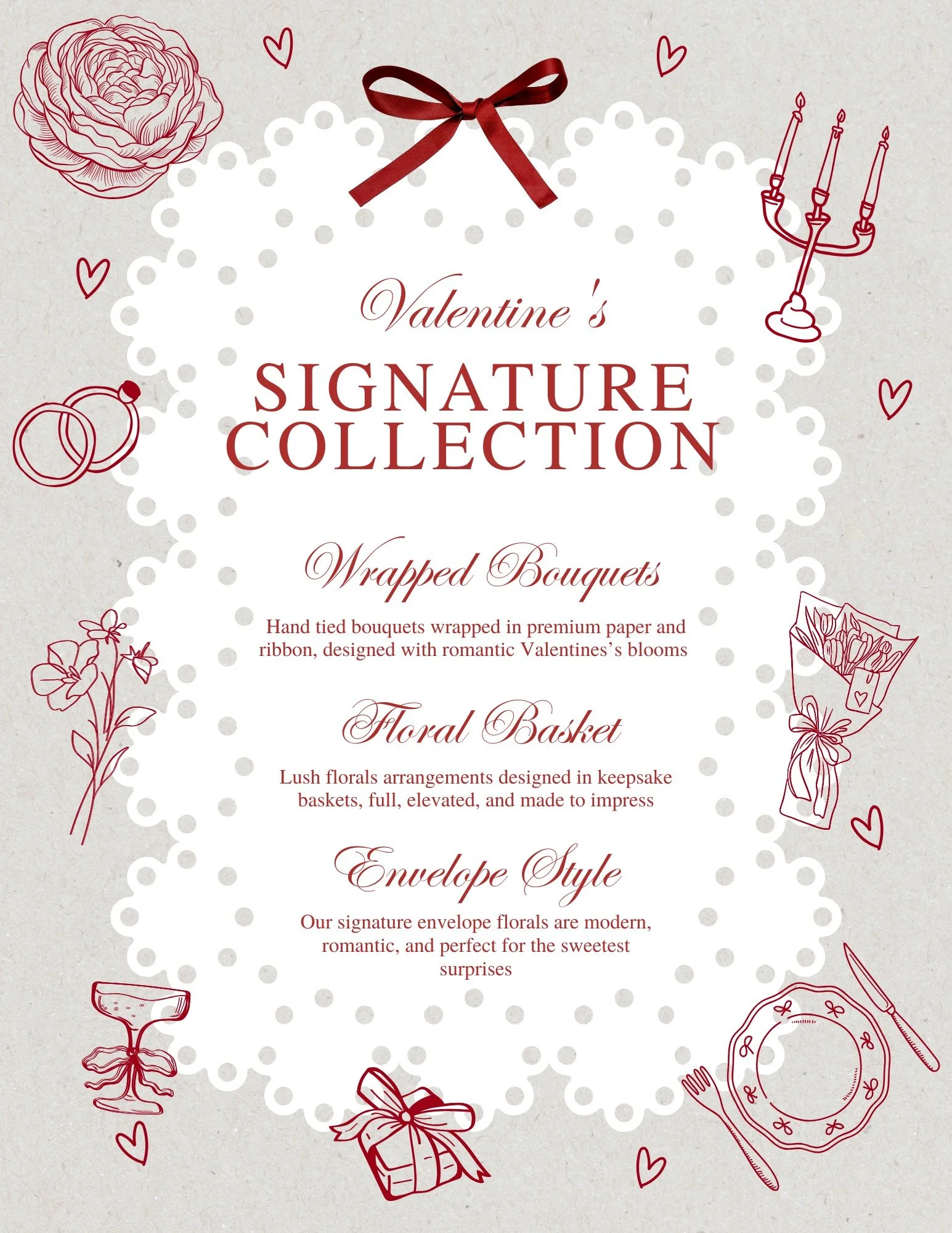 Valentine's signature collection flyer with illustrations of a flower, wedding rings, a candelabra, a bouquet, a gift box, a plate with utensils, a wine glass, and small hearts, in a pink and red theme.