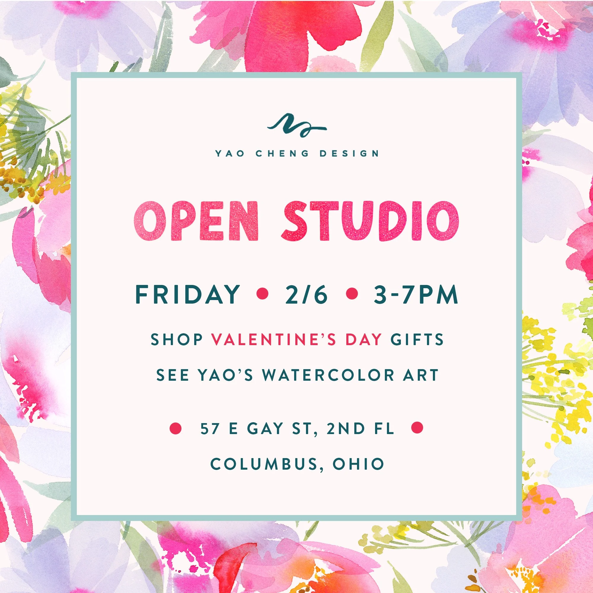 Come see my art in person! If you are in Columbus, Ohio this Friday, stop by my Open Studio event from 3-7pm. I'd love to show you my in-progress and new watercolors. Shop for Valentine's Day gifts like prints, tea towels, greeting cards, gift wrap a