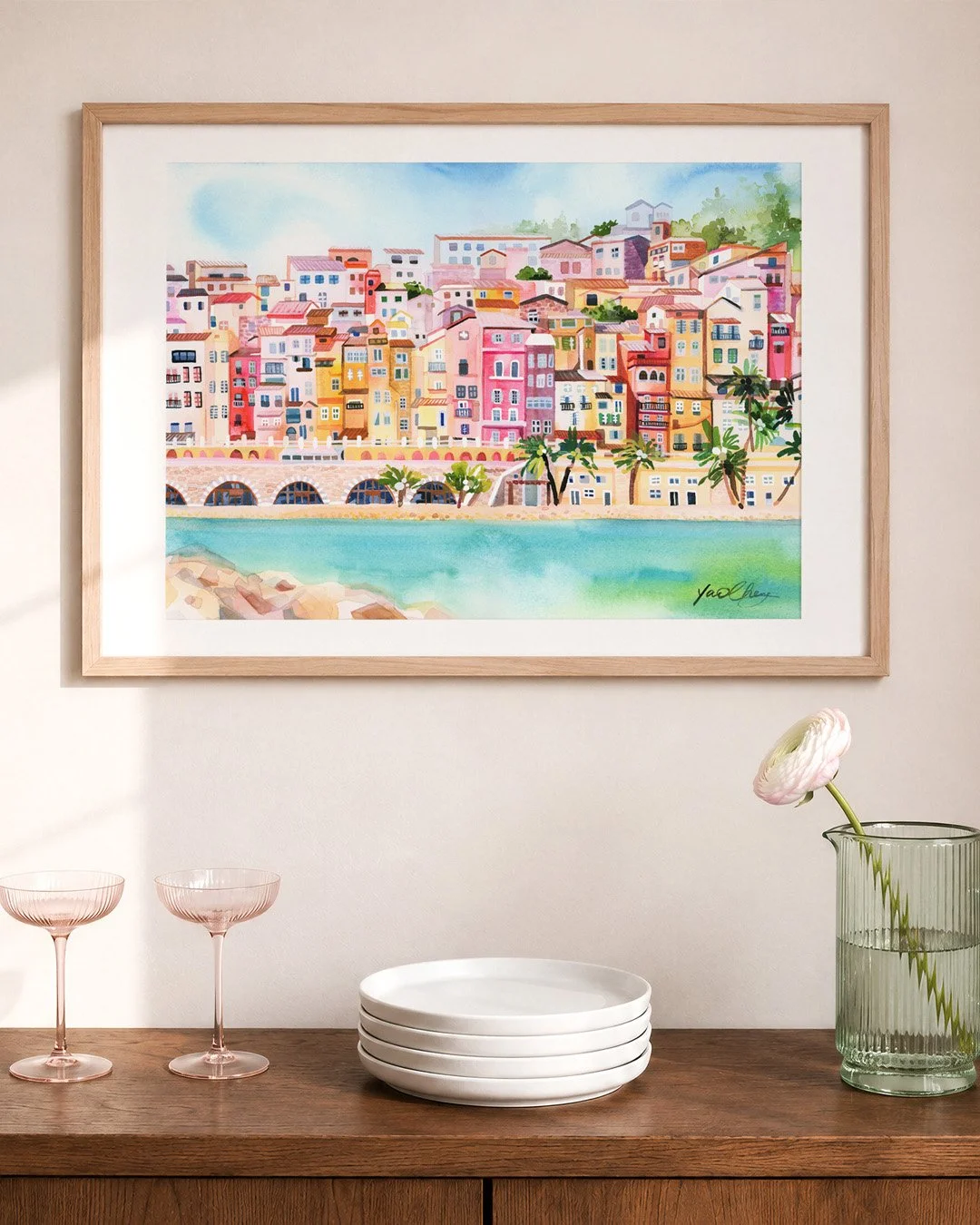 This hand-painted watercolor depicts the lovely town of Menton in France! ✨ I wanted this painting to be brimmed with color and brightness. When you enjoy this view, I hope you feel as though you are right there in this coastal town on an endless sum