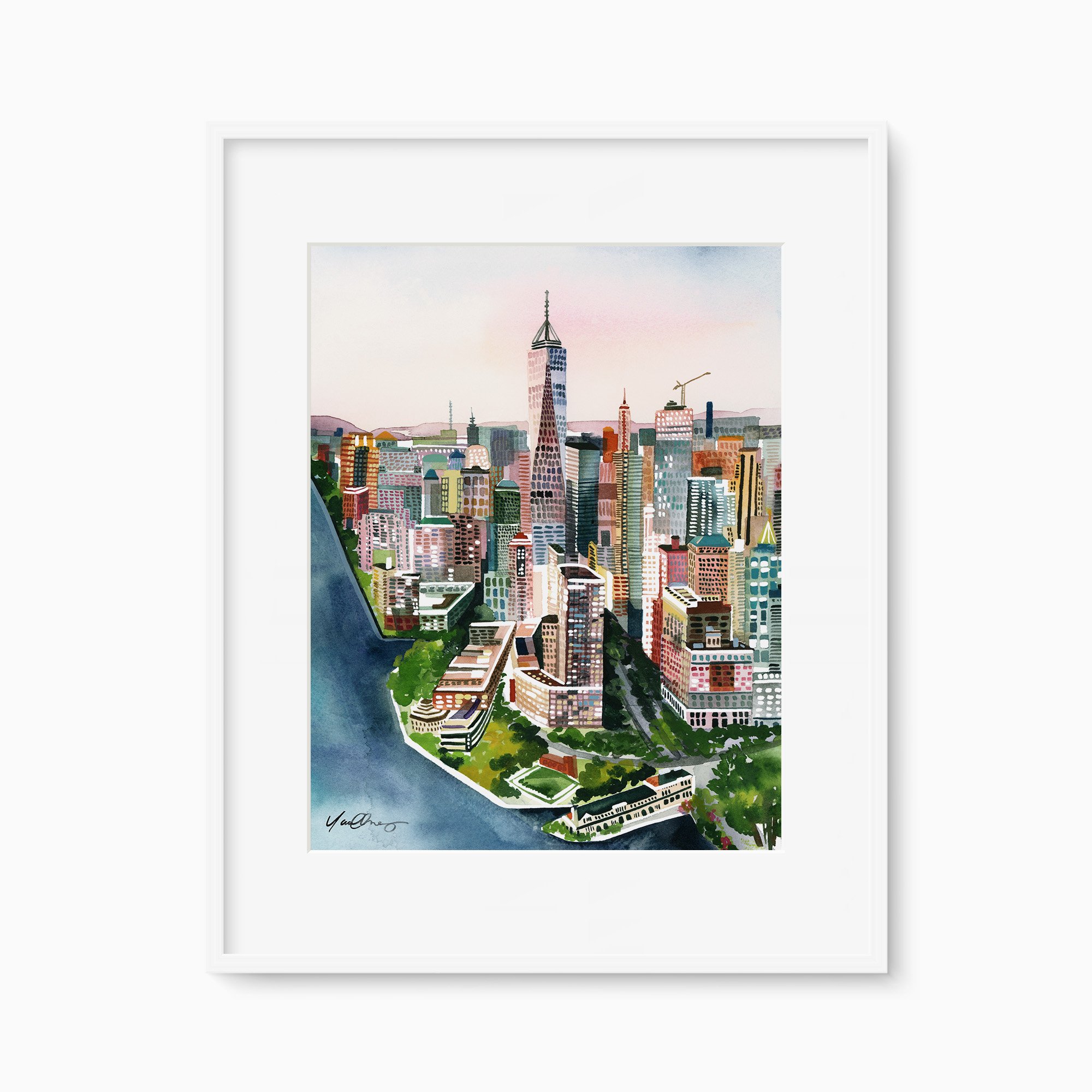 A colorful freehand cityscape watercolor painting titled New York City by Yao Cheng, featuring One World Trade Center and the inspiring architectural skyline of NYC.