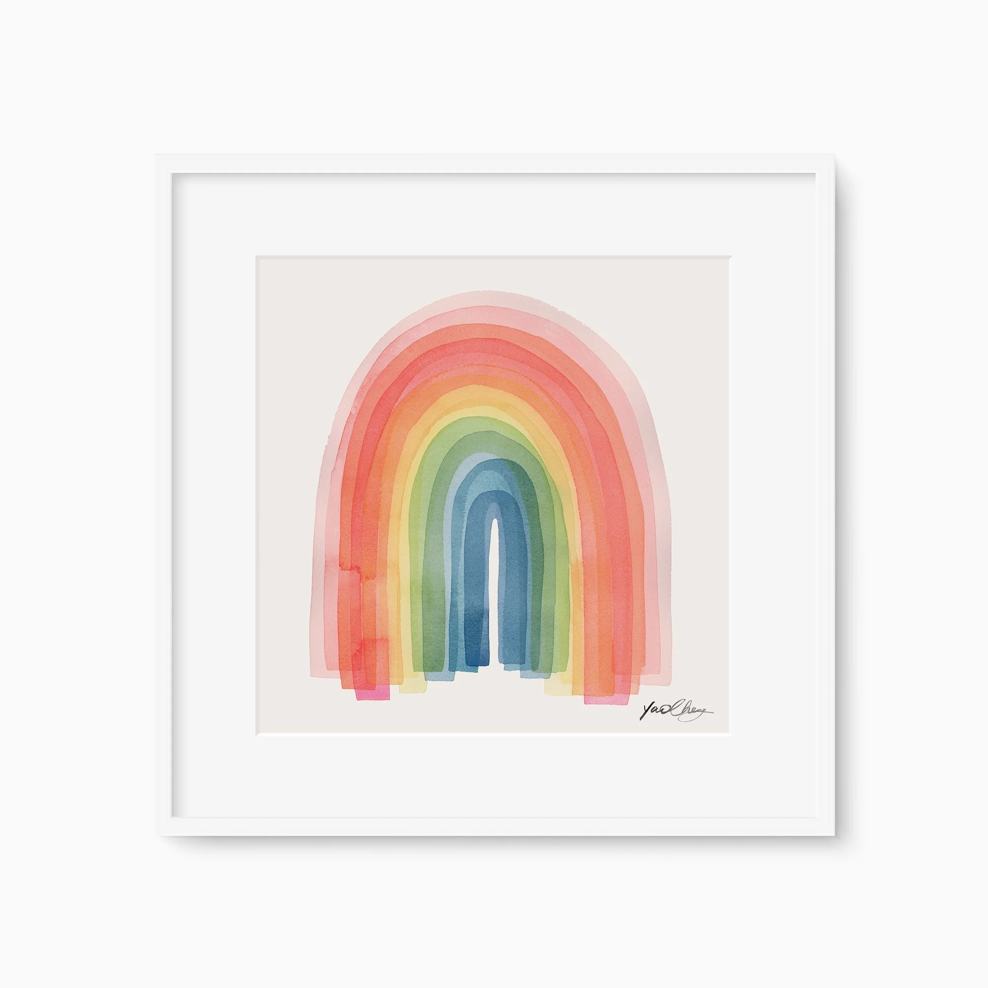 A vibrant watercolor painting titled Rainbow by Yao Cheng, featuring continuous, layered brushstrokes forming a modern rainbow arc with visible watercolor blending details.