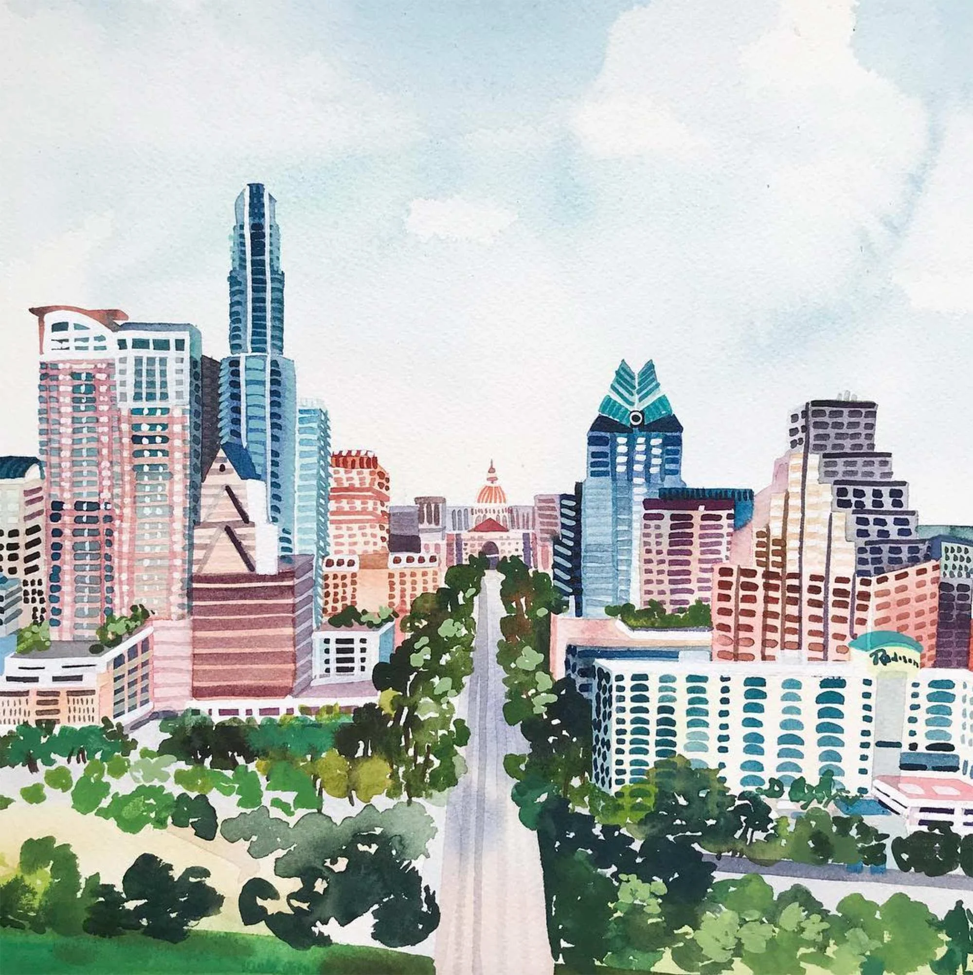 yao-cheng-austin-texas-downtown-congress-avenue-watercolor-print-painting-process-studio.jpg