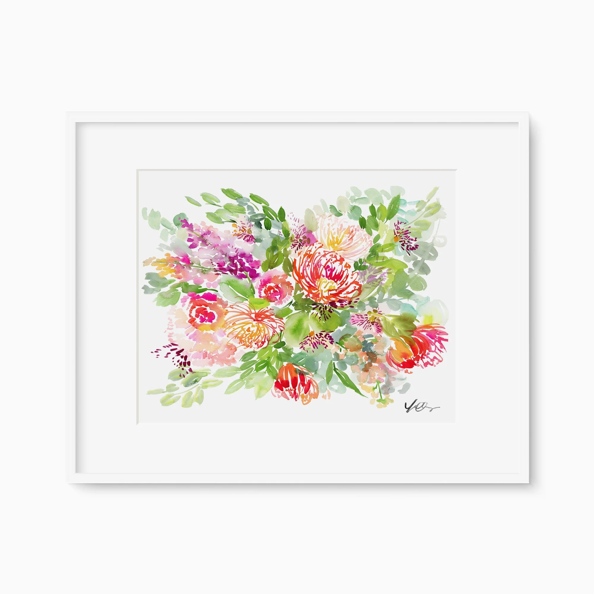 A colorful botanical watercolor painting titled Proteas Dance by Yao Cheng, showcasing a layered bouquet of proteas, roses, dahlias, and hyacinths radiating outward with green stems.