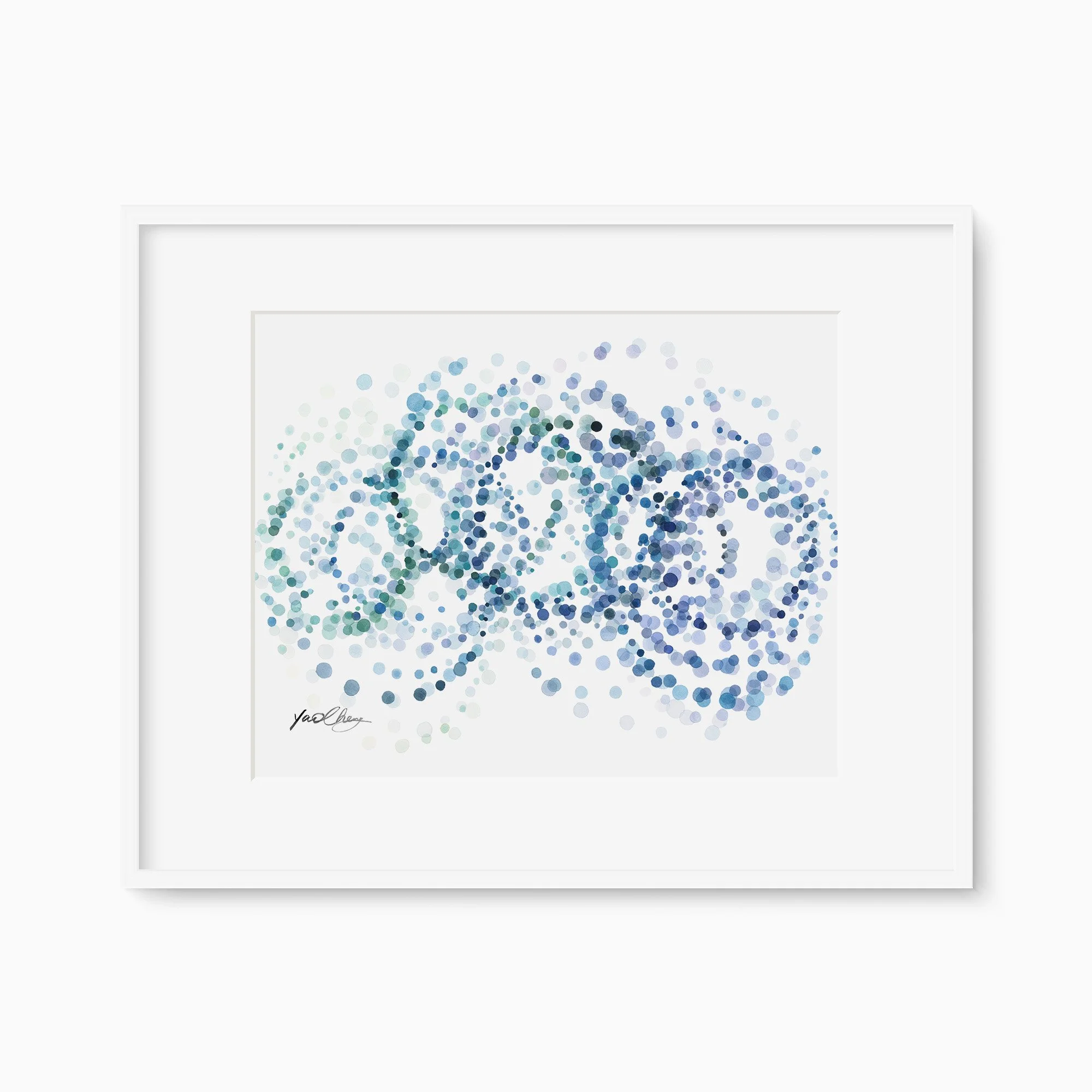 An abstract aqua blue watercolor painting titled Swirl in Aqua by Yao Cheng, featuring a serene concentric circle design inspired by water droplets and lake ripples.