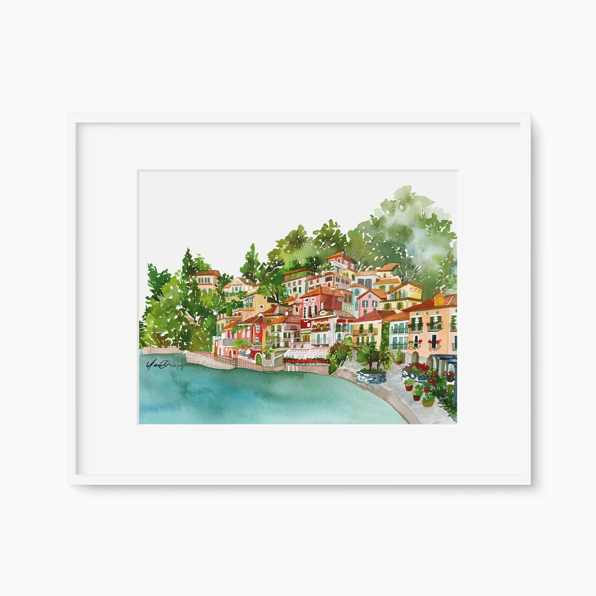 A vibrant watercolor landscape art print of Lake Como, Italy by Yao Cheng, featuring iconic Italian villas painted in a loose, illustrative coastal style.