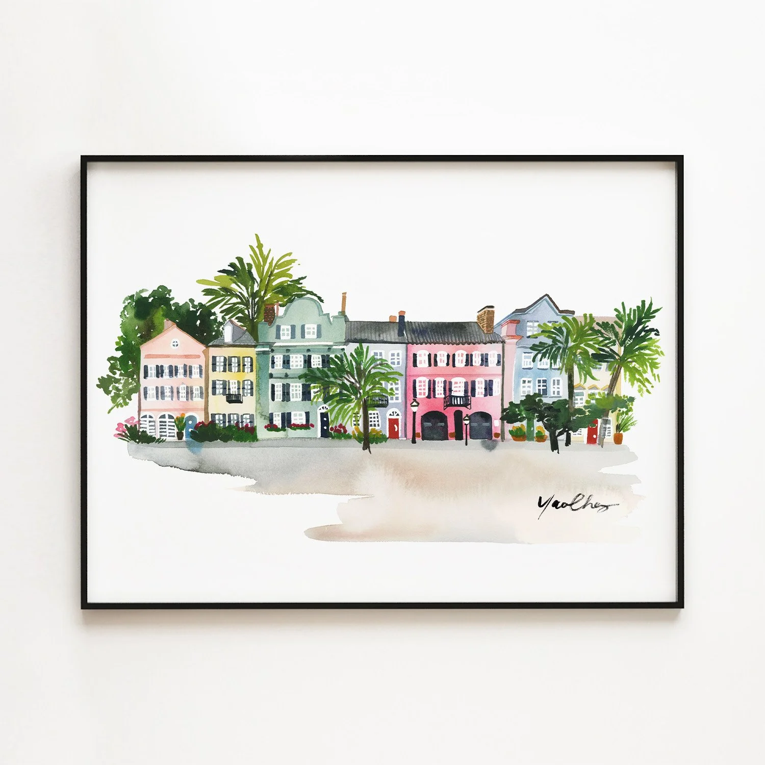 yao-cheng-charleston-historic-cityscape-freehand-watercolor-print-black-framed.jpg