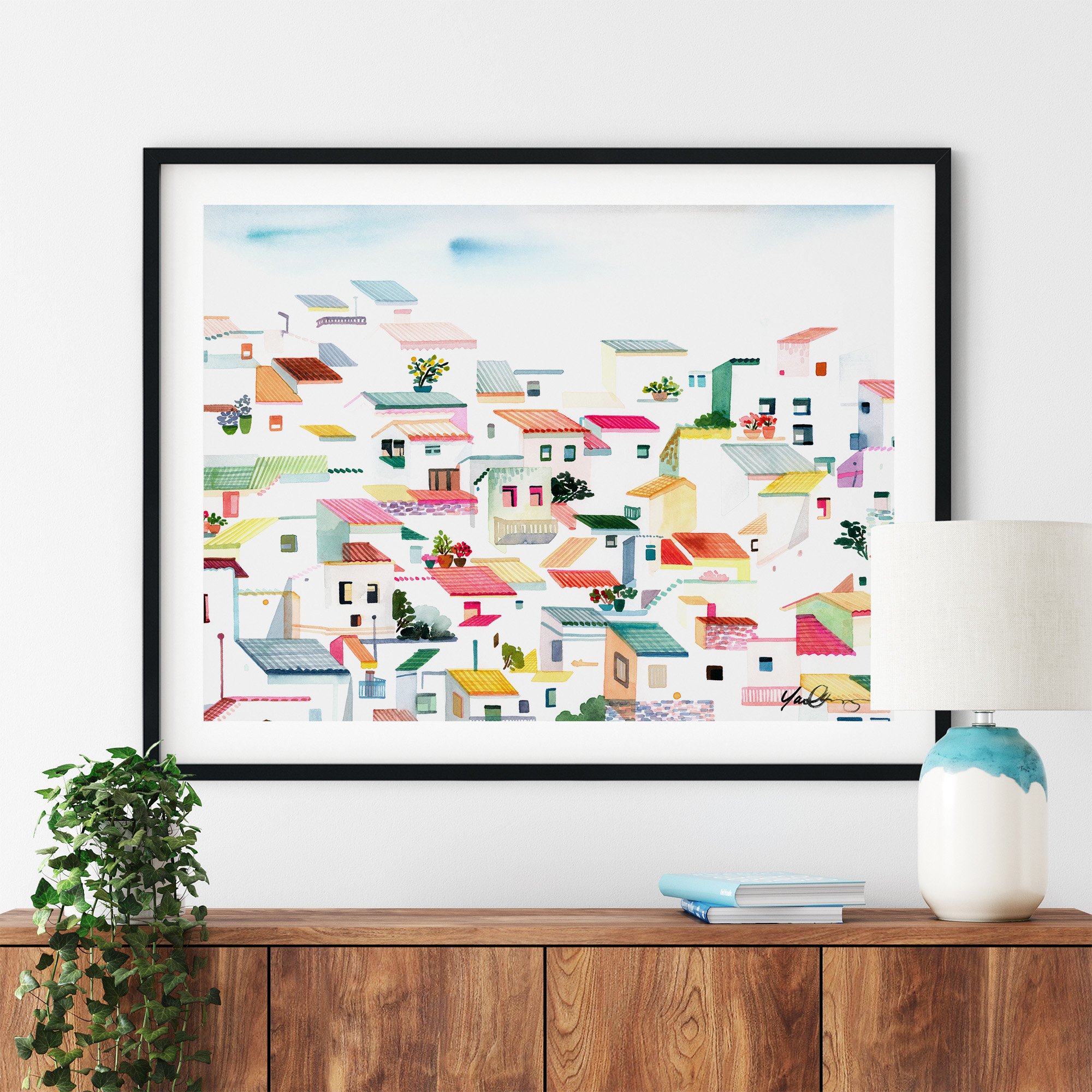 yao-cheng-casares-spain-vibrant-hillside-town-watercolor-print-black-frame-summer-travel.jpg