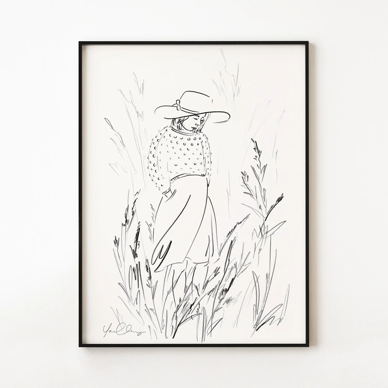 yao-cheng-woman-in-grass-wildflowers-nature-sketch-print-frame-black.jpg