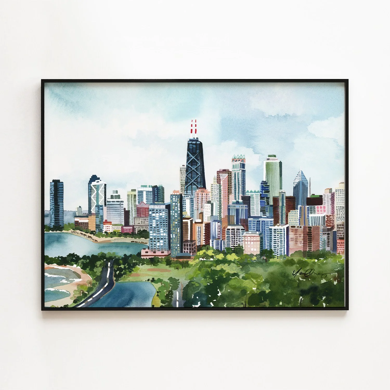 yao-cheng-chicago-cityscape-lake-michigan-watercolor-print-black-framed.jpg