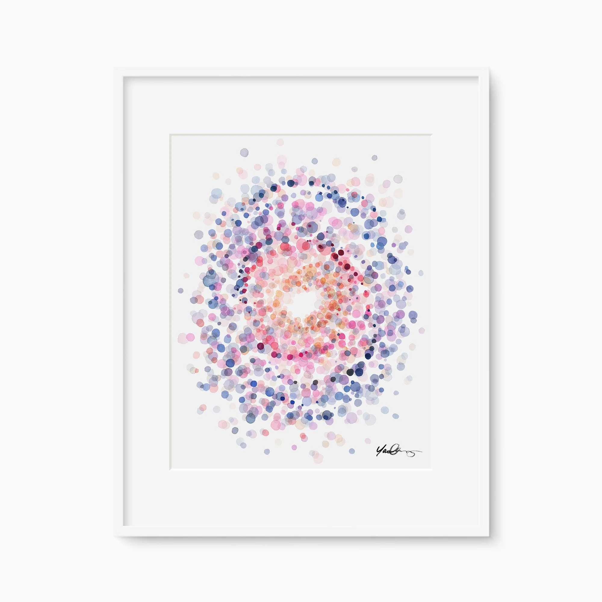 An abstract watercolor painting titled Swirl in Fuchsia by Yao Cheng, featuring a radial pattern of pink and purple brushstrokes inspired by soothing water ripples.