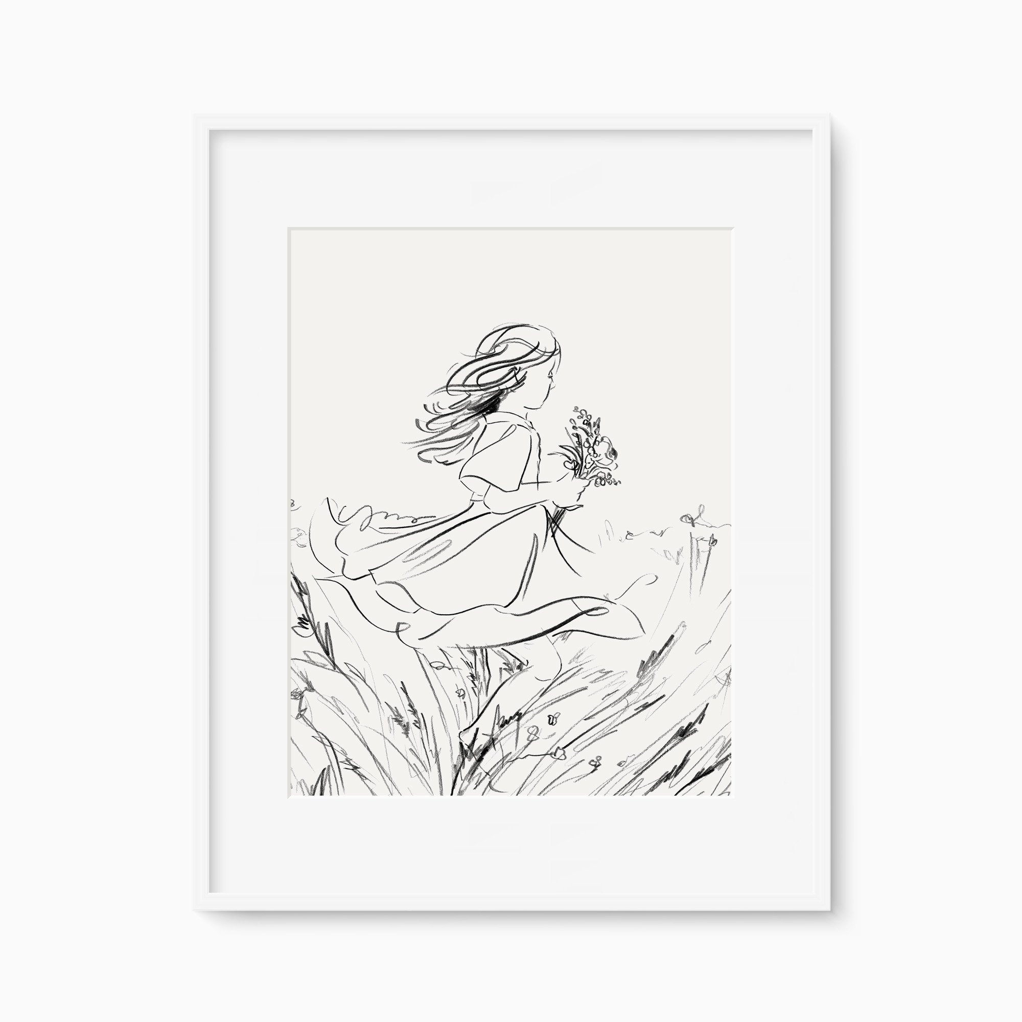 A minimalist black and white line drawing titled Swirling Girl No. 2 by Yao Cheng, depicting a graceful figure and billowing lines representing a child dancing in a gust of wind.