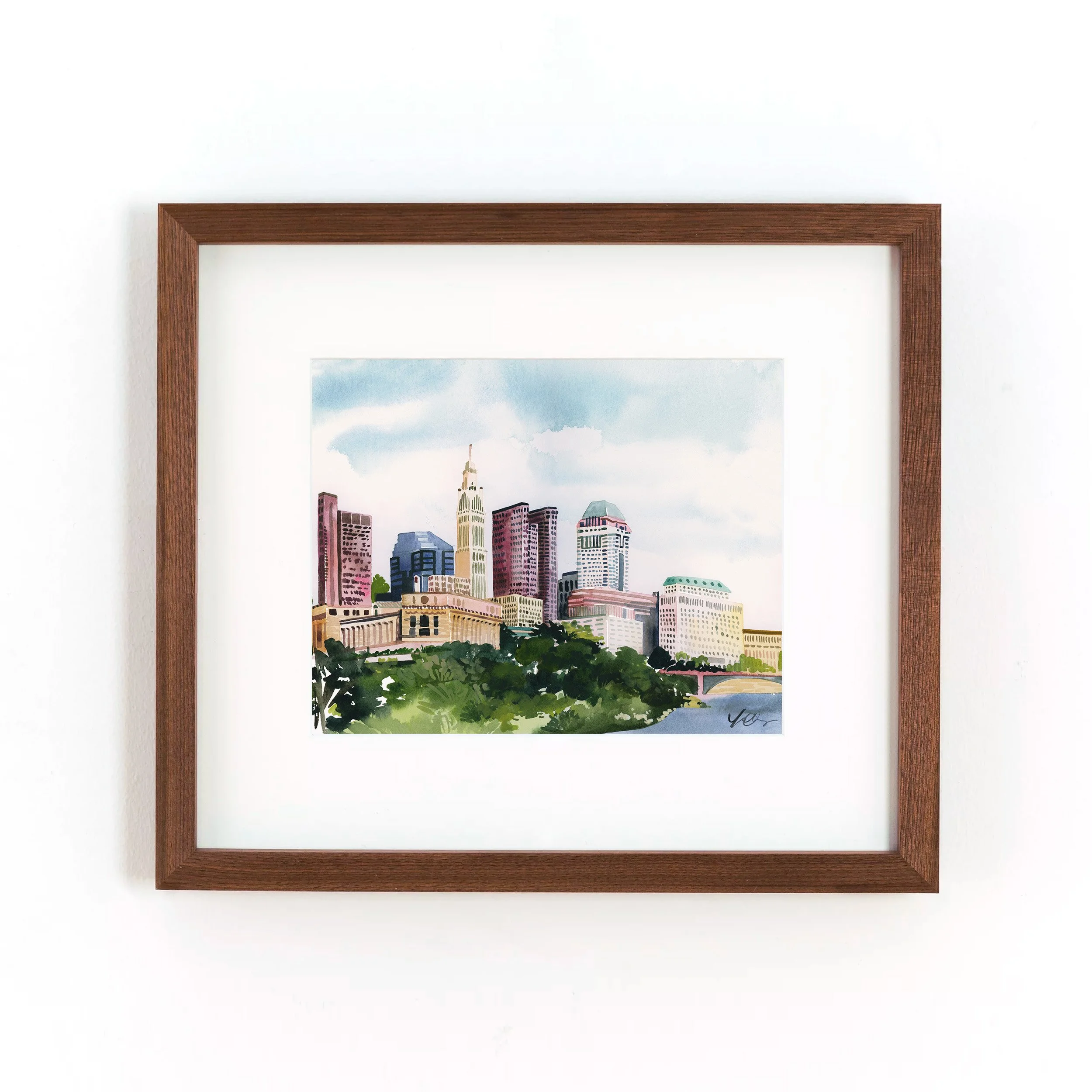 yao-cheng-columbus-ohio-capitol-skyline-studio-watercolor-print-dark-wood-frame.jpg