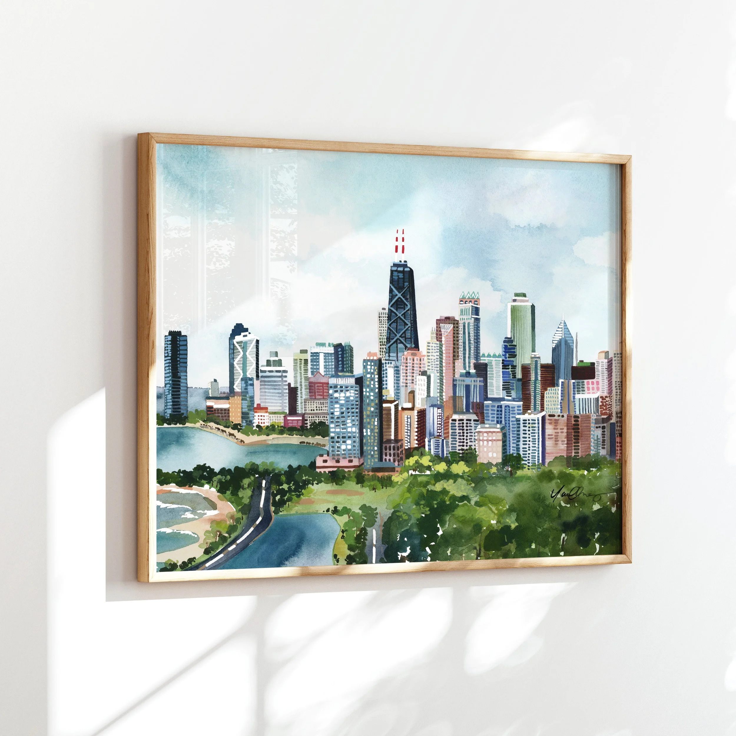 yao-cheng-chicago-cityscape-lake-michigan-watercolor-print-living-room-modern-city-decor-frame-side.jpg