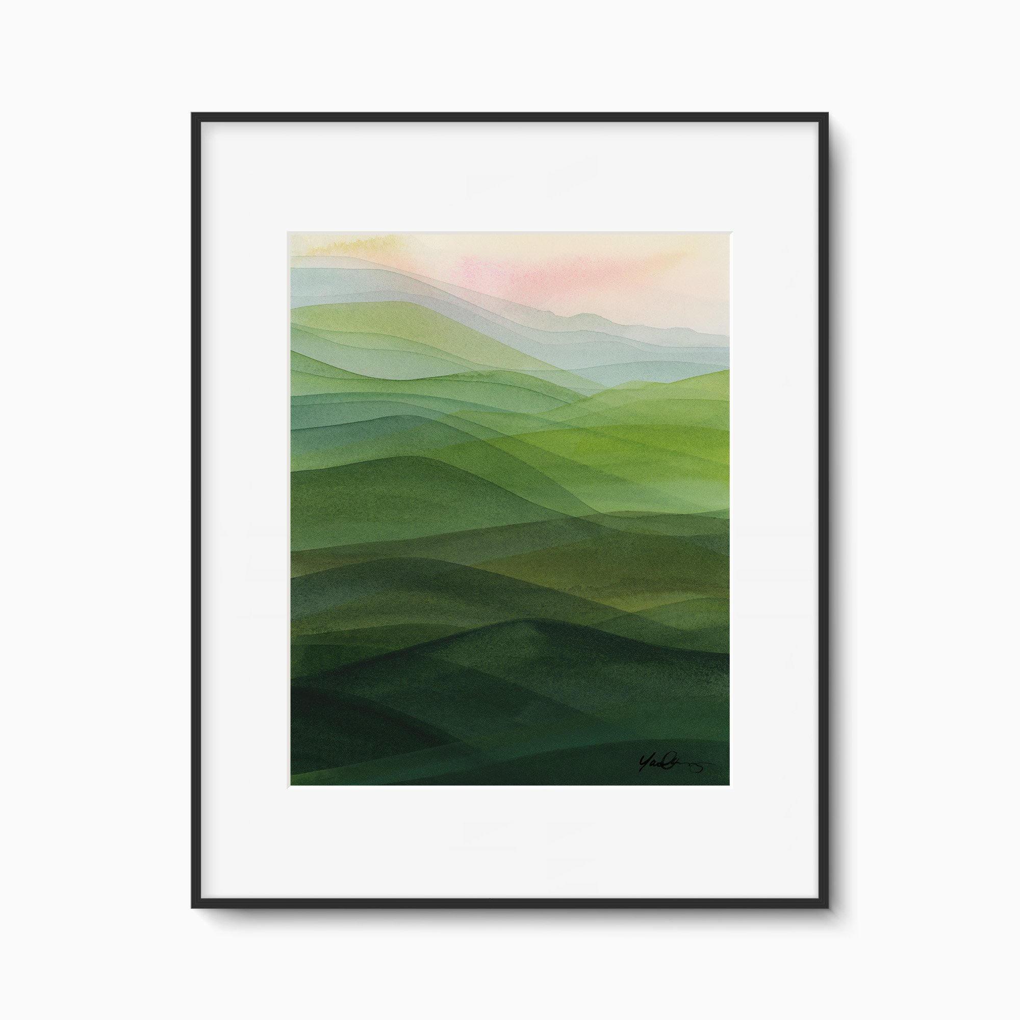 yao-cheng-rolling-hills-1-sunrise-landscape-watercolor-print-black-frames.jpg