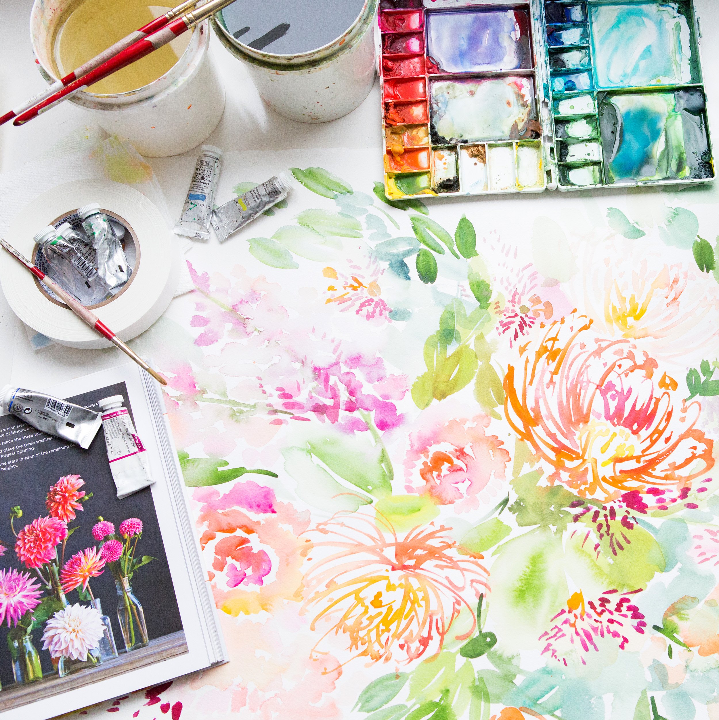 yao-cheng-proteas-dance-mixed-floral-bouquet-watercolor-art-print-yao-studio-painting-progress.jpg