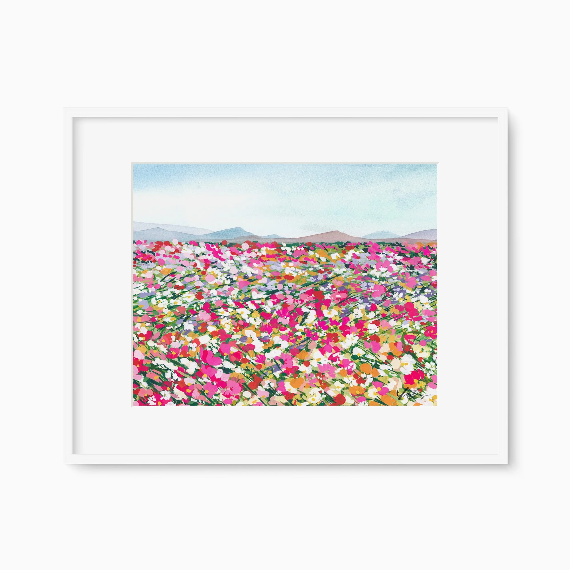 A vibrant watercolor landscape painting depicting a dense meadow of colorful wildflowers gently moving and swaying in the wind.