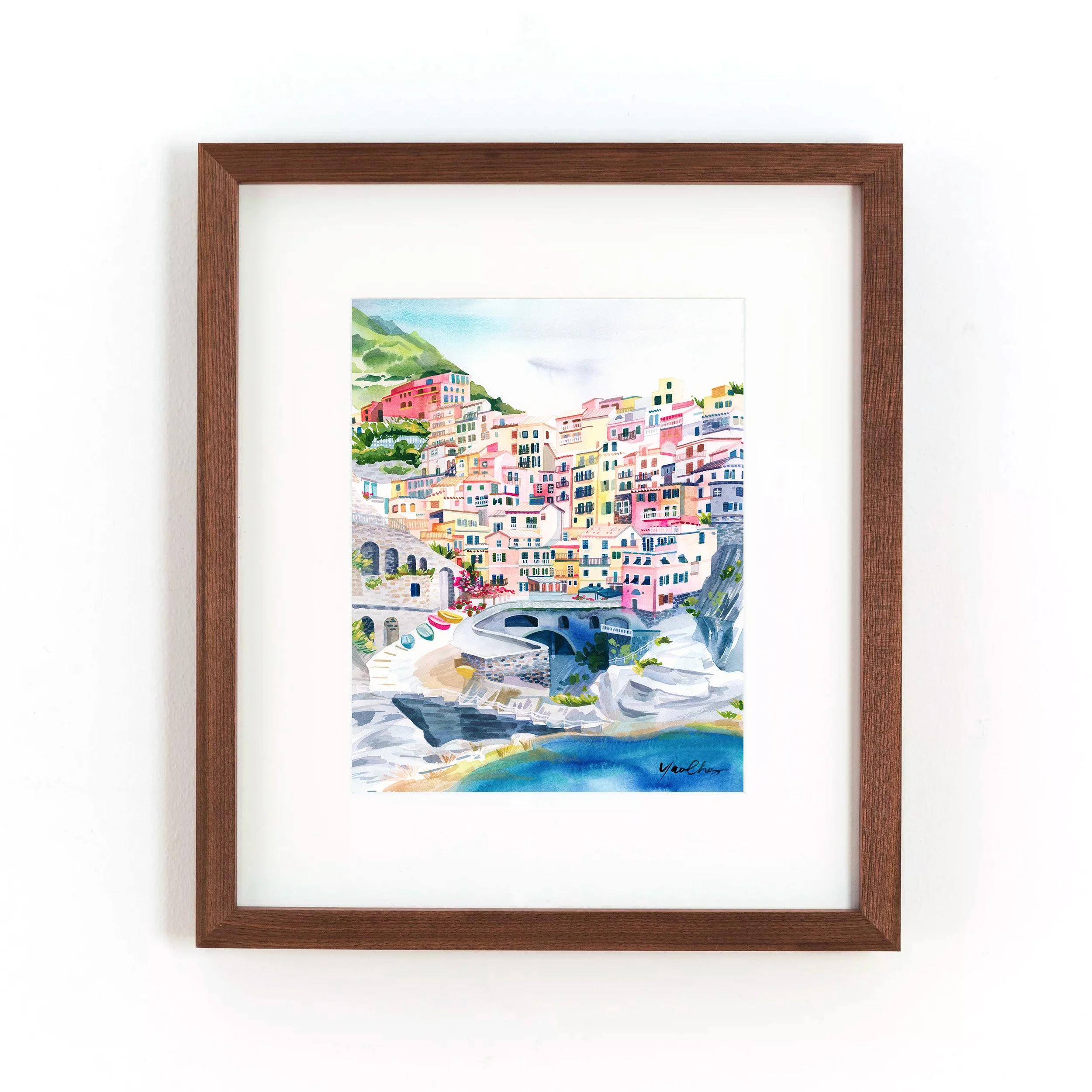 yao-cheng-manarola-italian-riviera-cliffside-town-watercolor-print-dark-wood-frame.jpg
