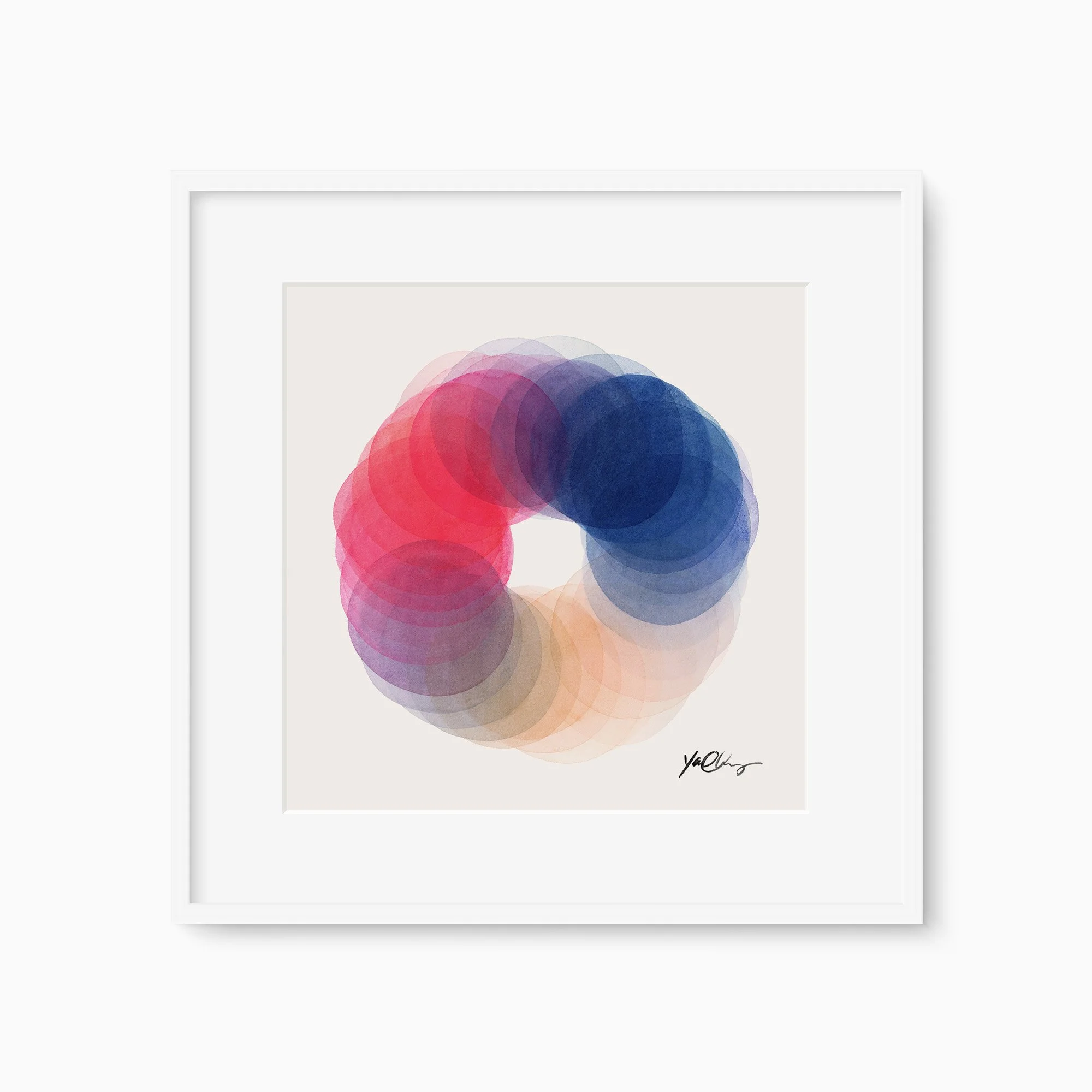 A geometric abstract watercolor painting titled Rotation in Cobalt by Yao Cheng, showcasing an infinite loop of hand-painted, translucent overlapping circles shifting between magenta and cobalt blue.