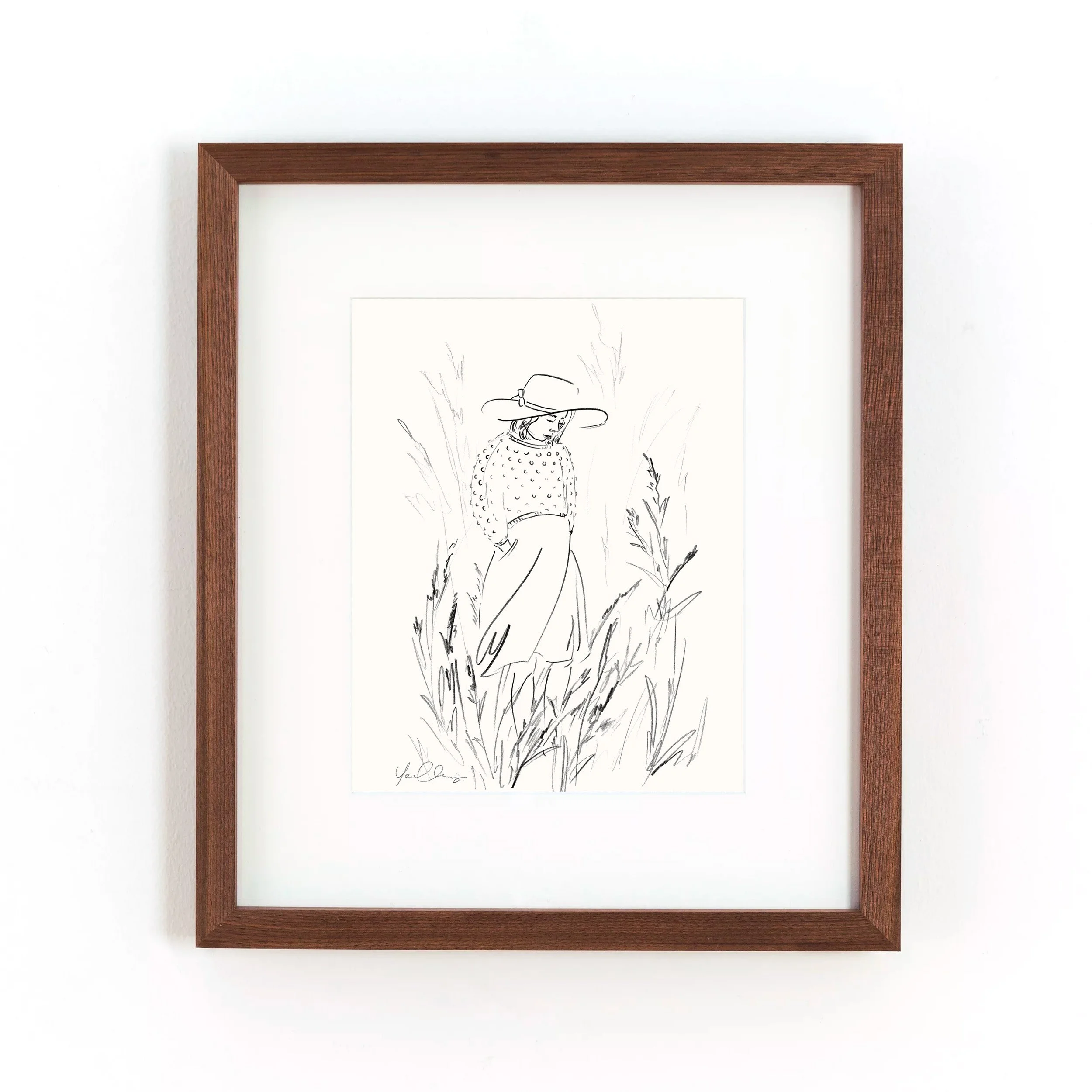 yao-cheng-woman-in-grass-wildflowers-nature-sketch-print-dark-wood-frame.jpg