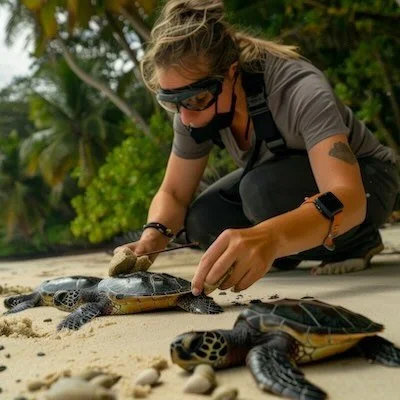 Researcher tending to sea turtle hatchlings as part of marine research funding and support work