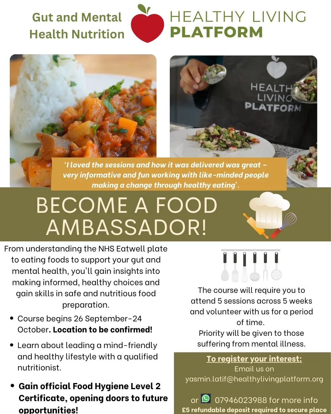 Join us for the second round of our Gut and Mental Health Food Ambassadors course, starting on 26th September! Discover how the right foods can be a game-changer for your mental well-being. 🌱

Why should you join?

Transform Your Mind Through Diet: 