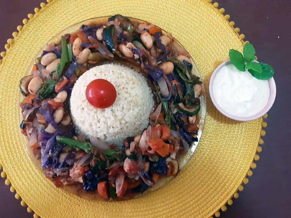 Bulgar Wheat with Roasted Veg and Mint Yoghurt Dip