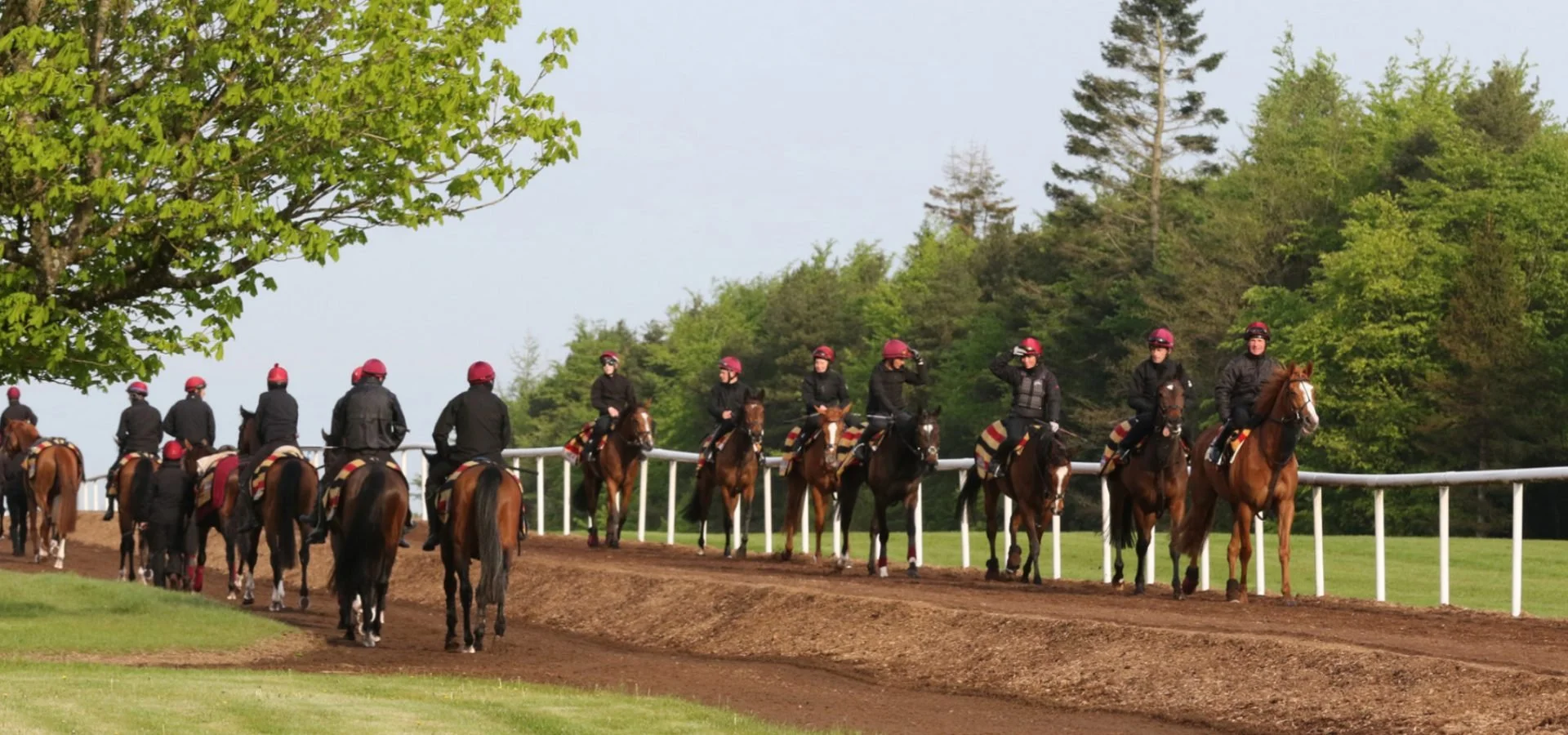 A group of jockeys and horses on a racetrack, with some riders standing on their horses and others walking next to them. The racetrack is bordered by green trees and grass, and the riders are wearing black jackets and red helmets.