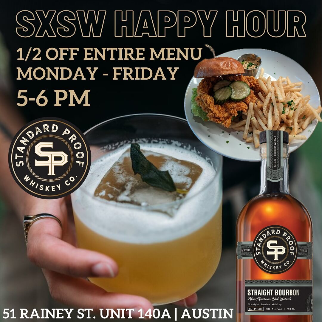 It&rsquo;s #SouthBySouthwest week, ATX! 🌇 Stop into Austin&rsquo;s favorite micro distillery located on historic Rainey Street for our daily HH specials. 🥃🍔 The best happy hour in town! 🤠

⚡️Buy a flight, get 20% off a bottle all week long. ⚡️

#